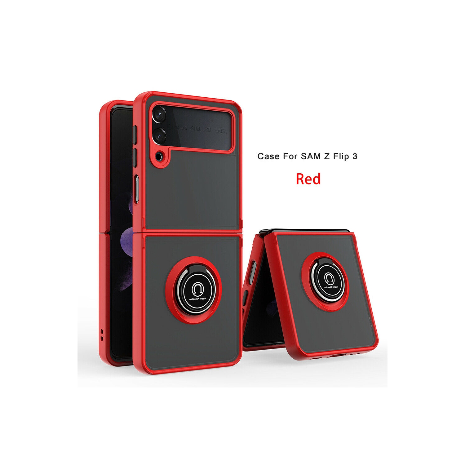 【CSmart】 Anti-Drop Rubberized Hybrid Magnetic Armor Case with Ring Holder for Samsung Galaxy Z Flip 3 5G, Red