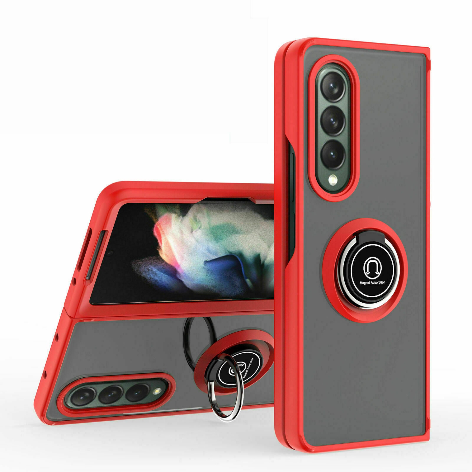 【CSmart】 Anti-Drop Rubberized Hybrid Magnetic Armor Case with Ring Holder for Samsung Galaxy Z Fold 3 5G, Red