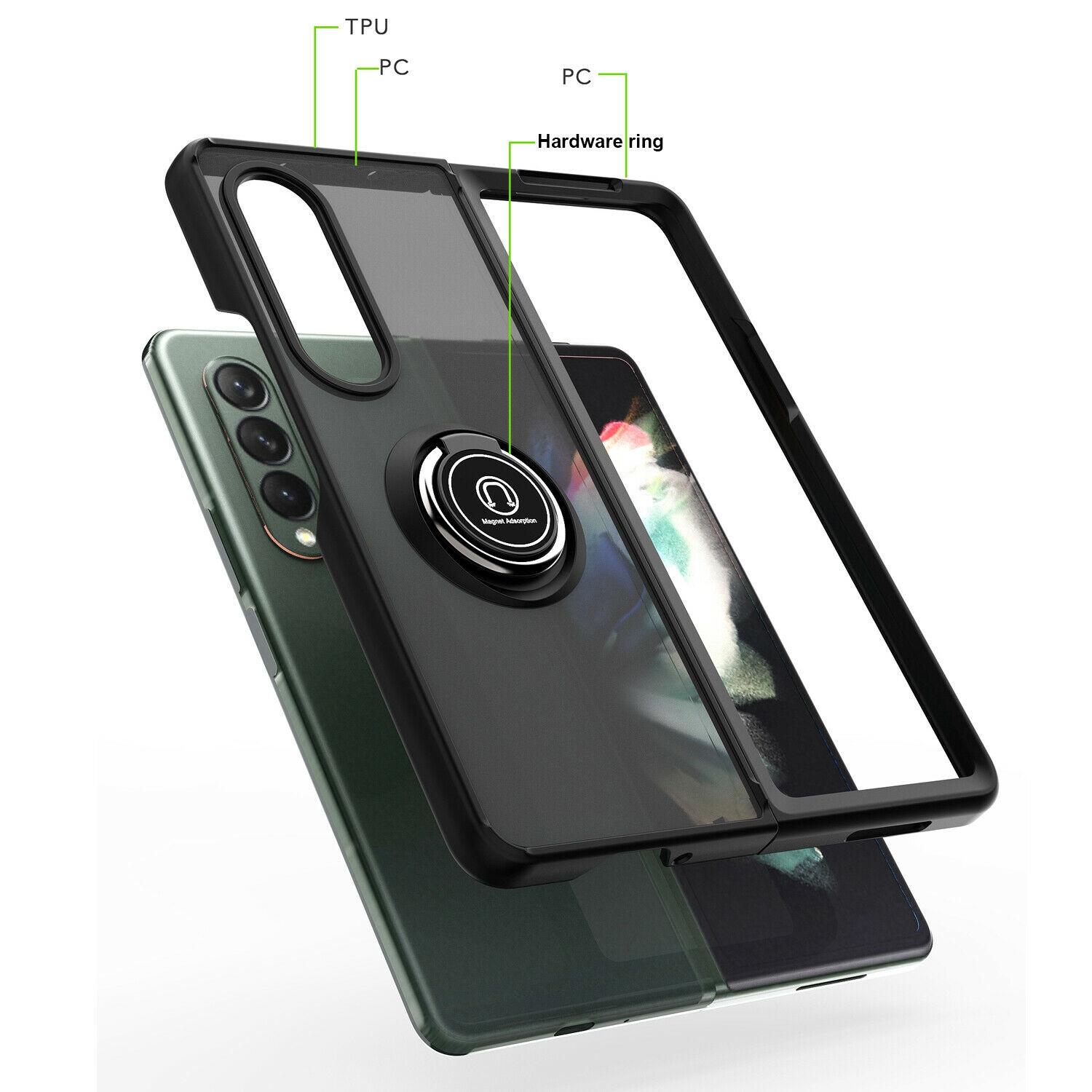 【CSmart】 Étui d'armure magnétique hybride caoutchouté anti-chute avec support d'anneau pour Samsung Galaxy Z Fold 3 5G, rouge