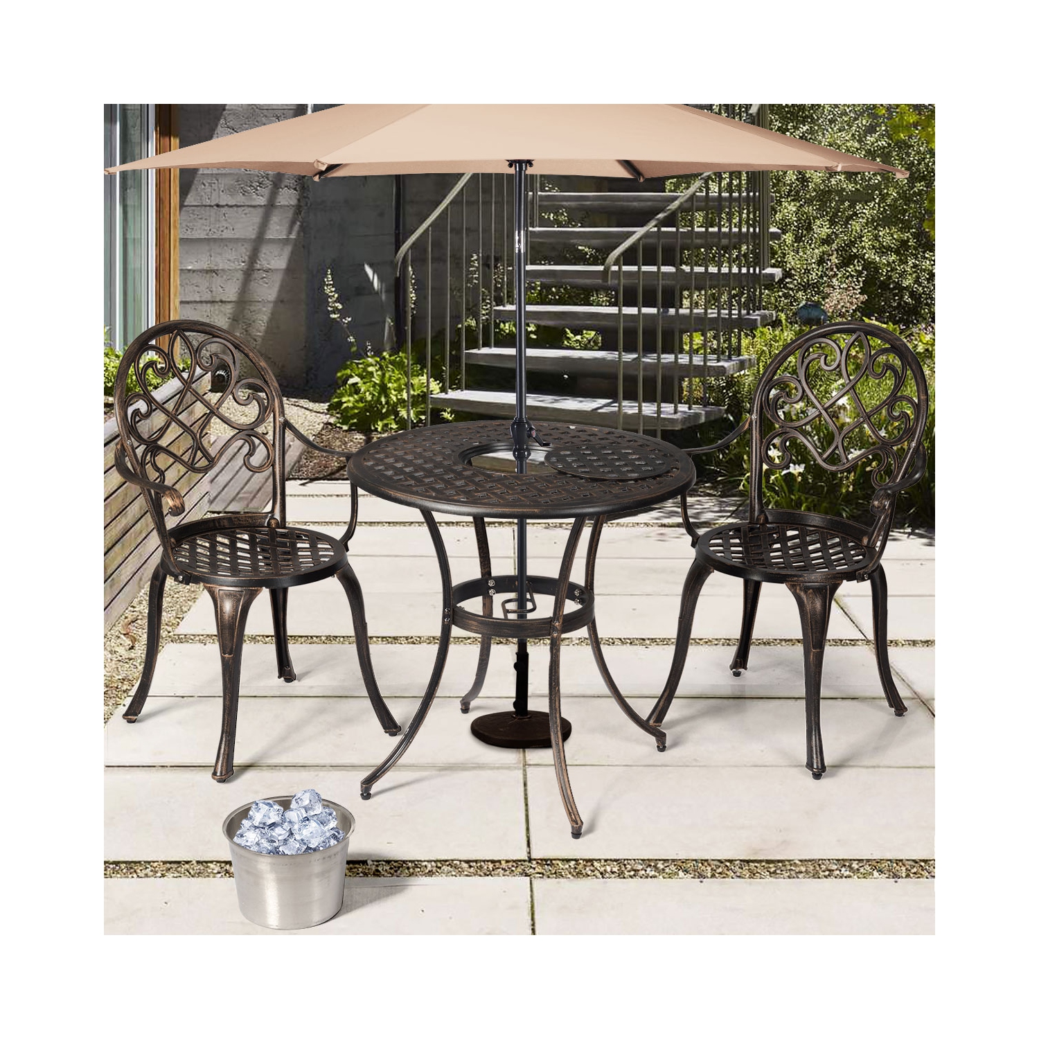 Topbuy Set of 3 Patio Cast Aluminum Dining Table Chairs Set