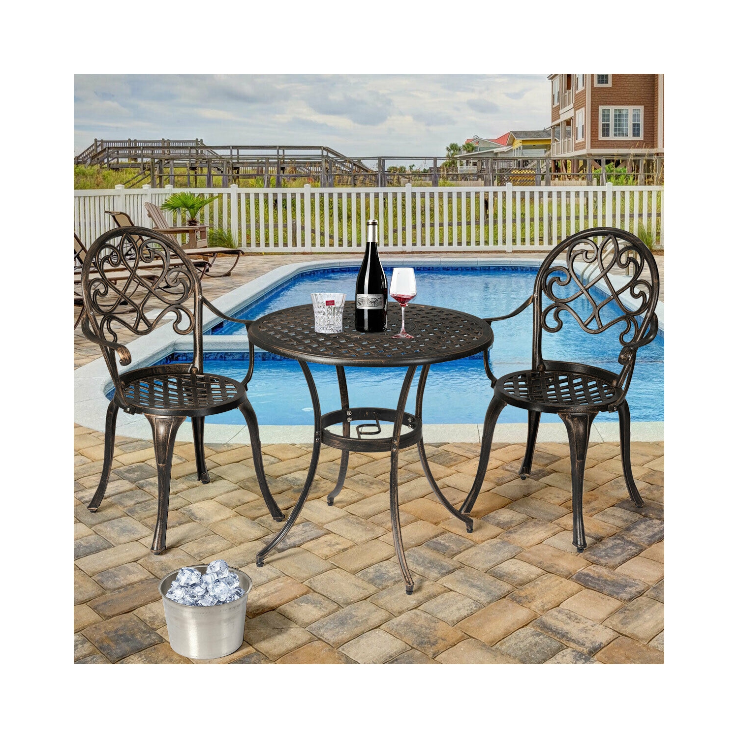 Topbuy Set of 3 Patio Cast Aluminum Dining Table Chairs Set
