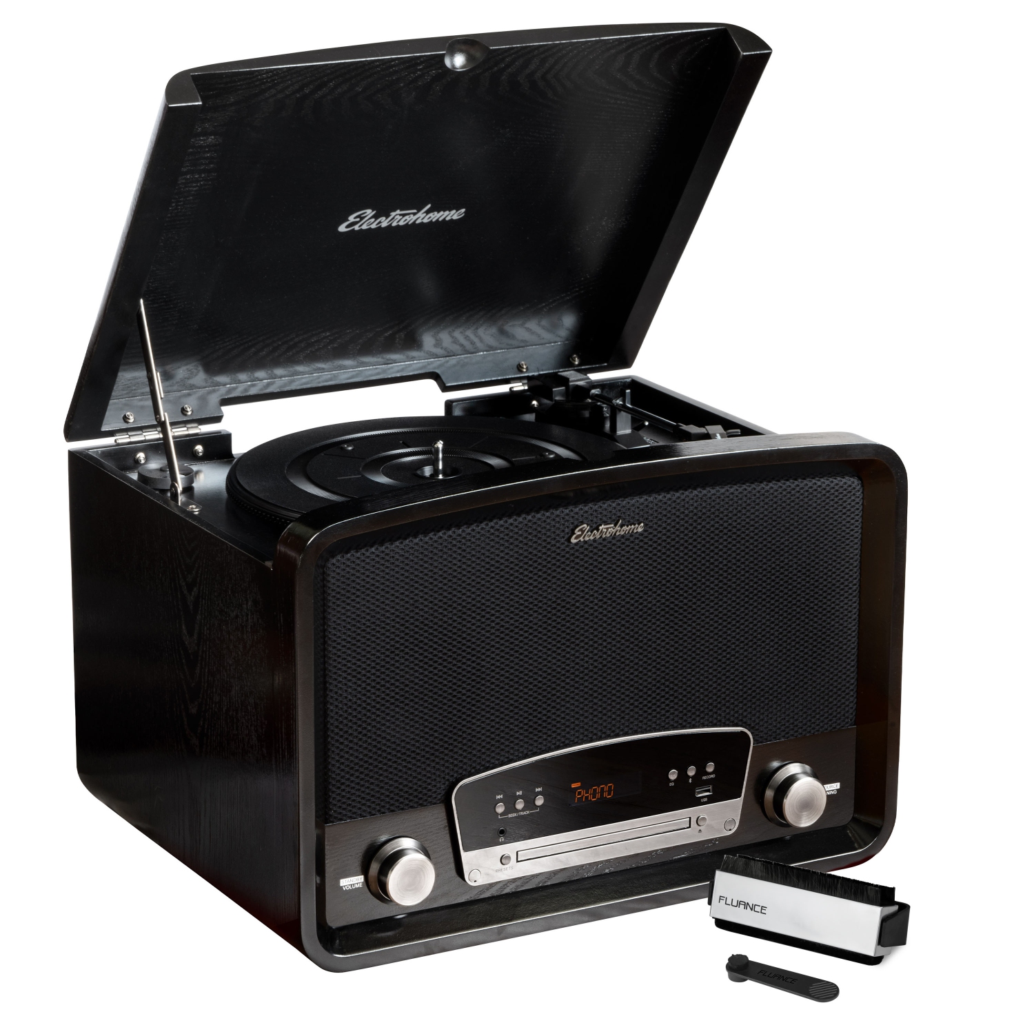 Tourne-disque vinyle rétro Kingston d’Electrohome, tourne-disque radio Bluetooth CD aux. USB vinyle vers MP3, Trousse de nettoyage pour disques