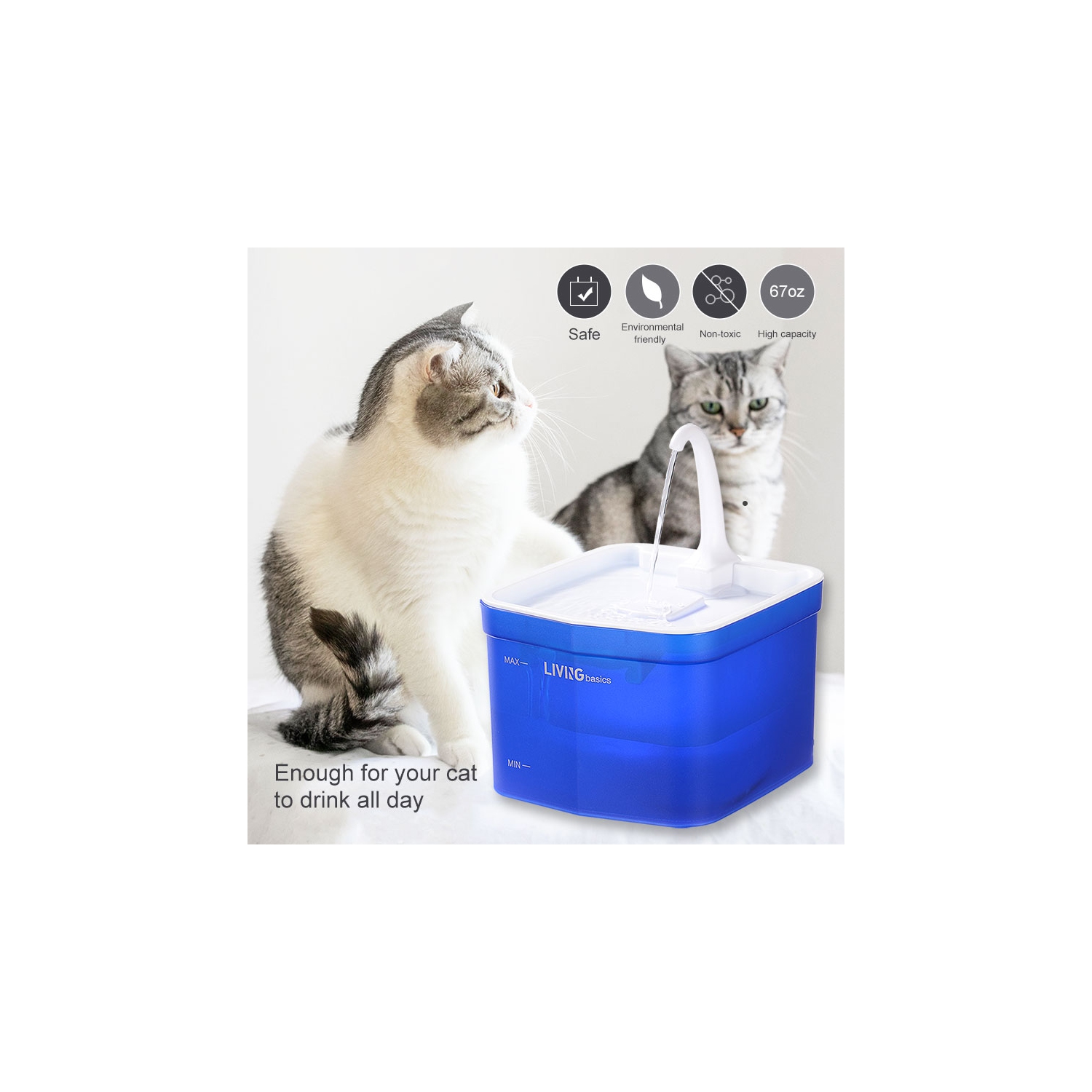 Automatic Cat Pet Water Fountain, Faucet spout, Translucent LED Light, 67oz, Ultra Quiet, AC Adapter
