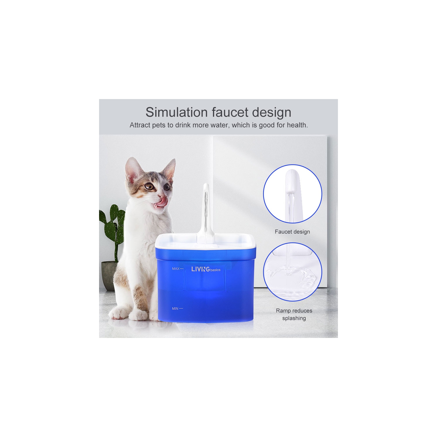 Automatic Cat Pet Water Fountain, Faucet spout, Translucent LED Light, 67oz, Ultra Quiet, AC Adapter