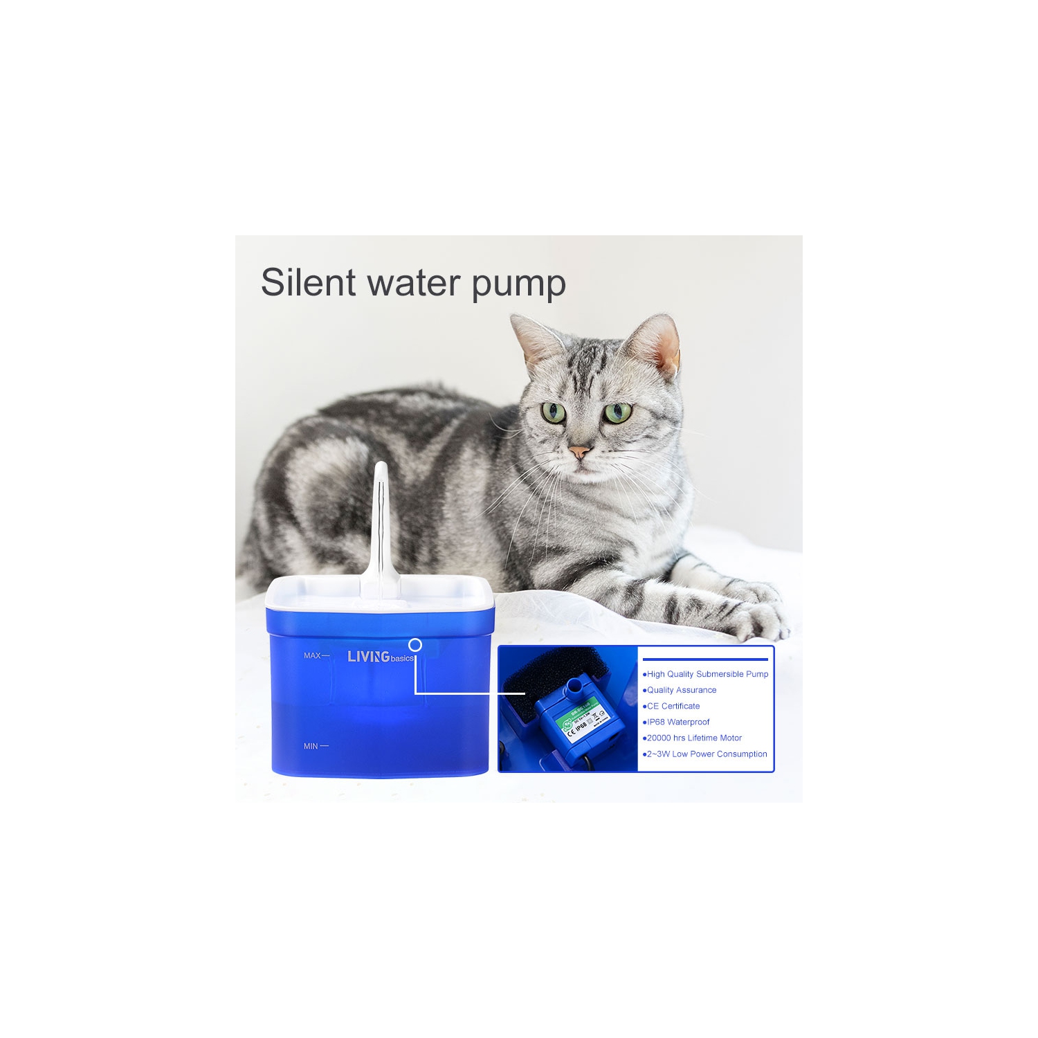 Automatic Cat Pet Water Fountain, Faucet spout, Translucent LED Light, 67oz, Ultra Quiet, AC Adapter
