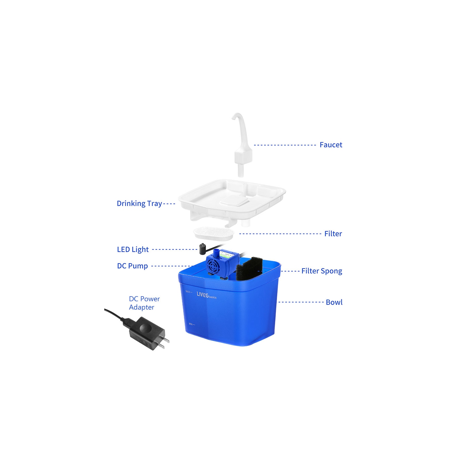 Automatic Cat Pet Water Fountain, Faucet spout, Translucent LED Light, 67oz, Ultra Quiet, AC Adapter