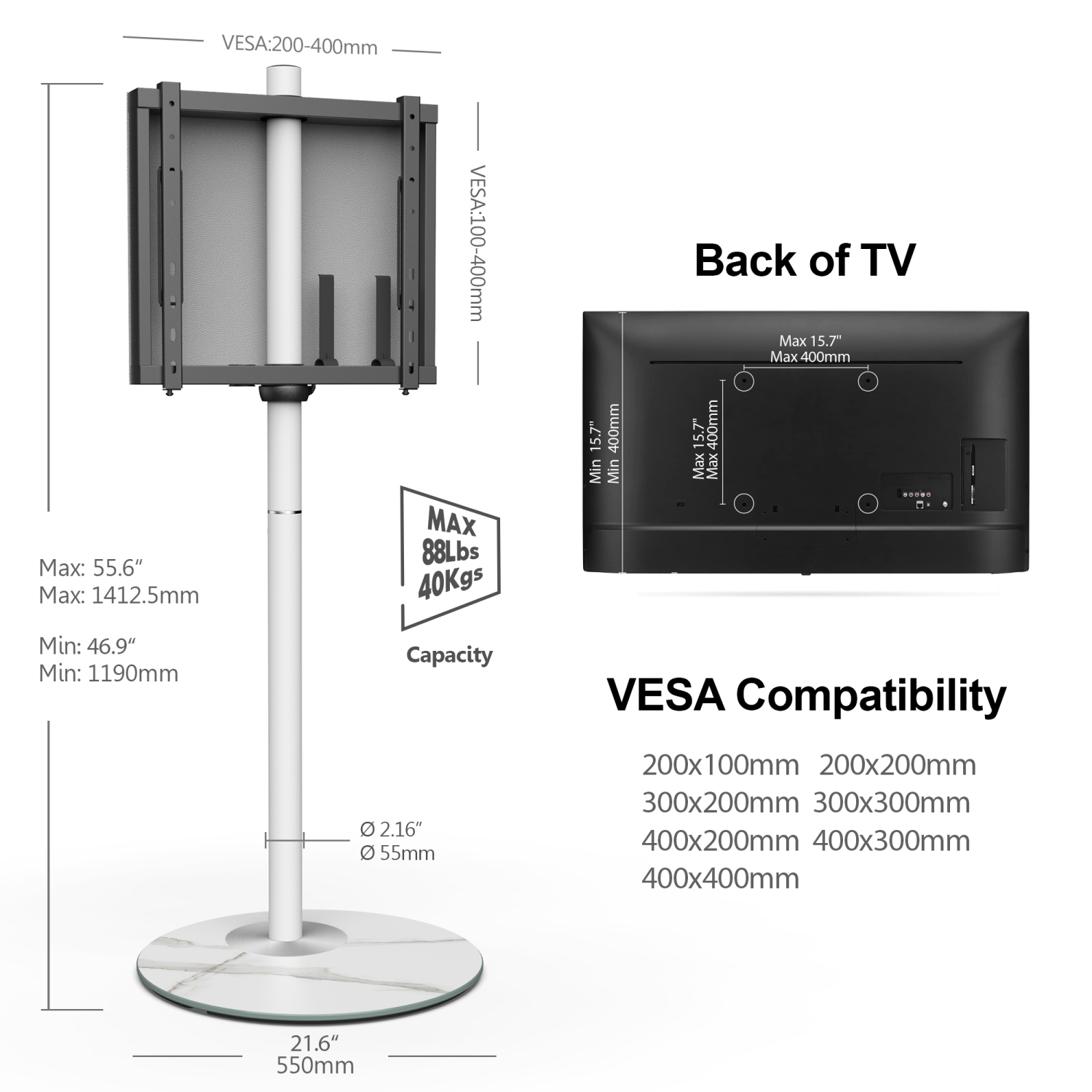 FITUEYES White TV Stand for 32 to 60 inch TV Modern Style Floor TV Stand with Mount and Marble Textured Glass Base Max VESA 400x400 mm