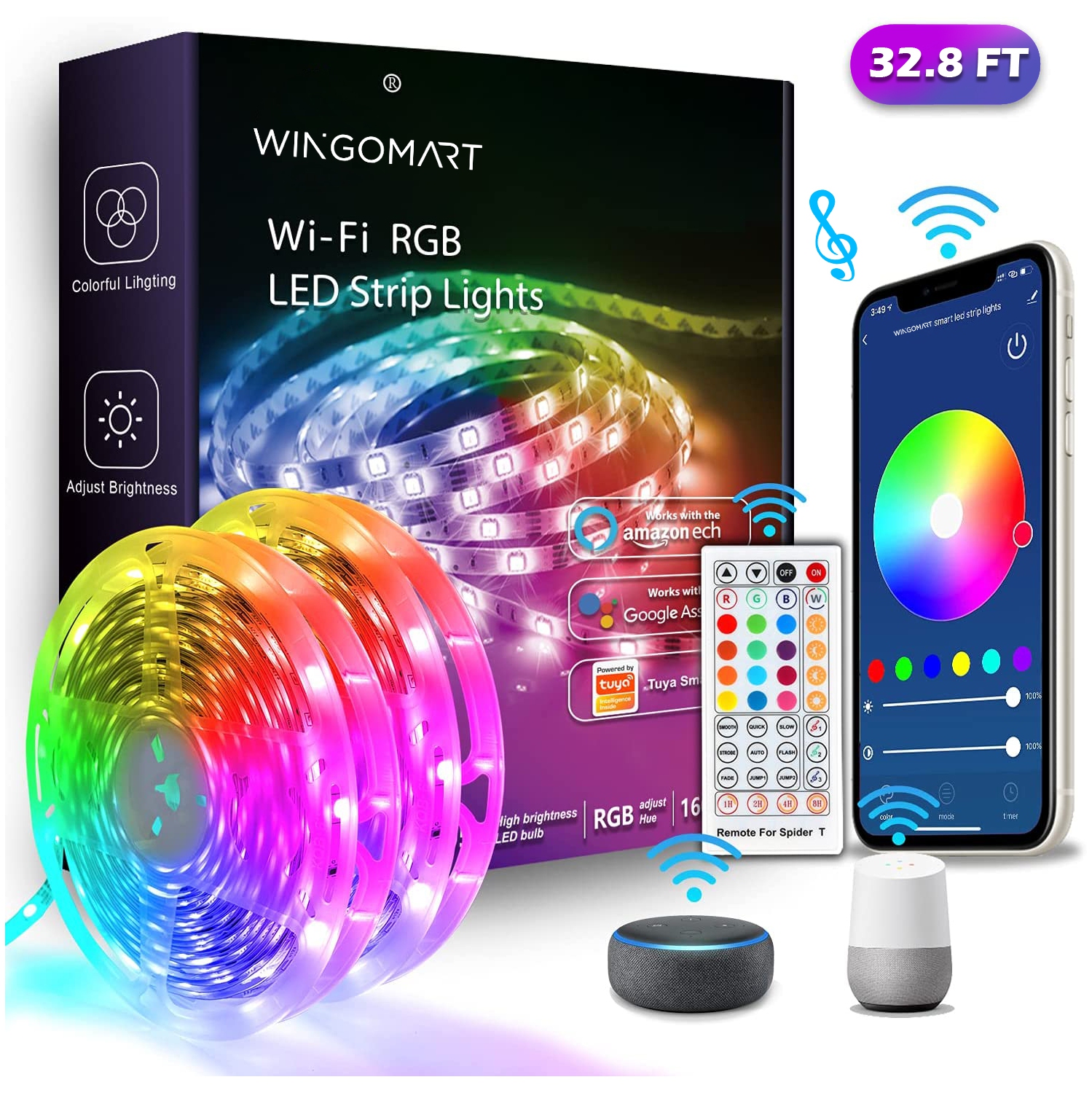 10M 32.8ft LED Strip Lights Smart Phone APP Controlled Sync to Music Waterproof RGB Light Strips Kit compatible W/ Amazon alexa & google IFTTT