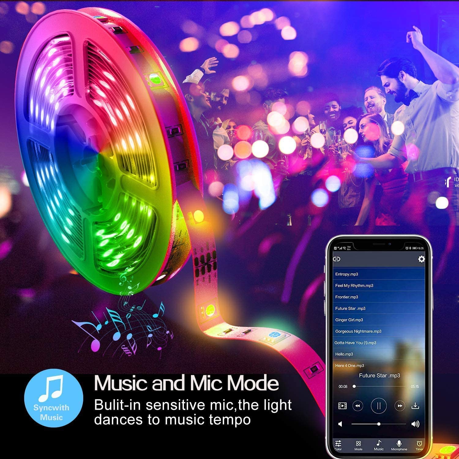 LED Strip Lights Kit Flexible Color Changing / RF Remote Wireless & mobile APP /Sync with Music /Waterproof Led Lights Strips 5050 RGB -16.4ft/5m