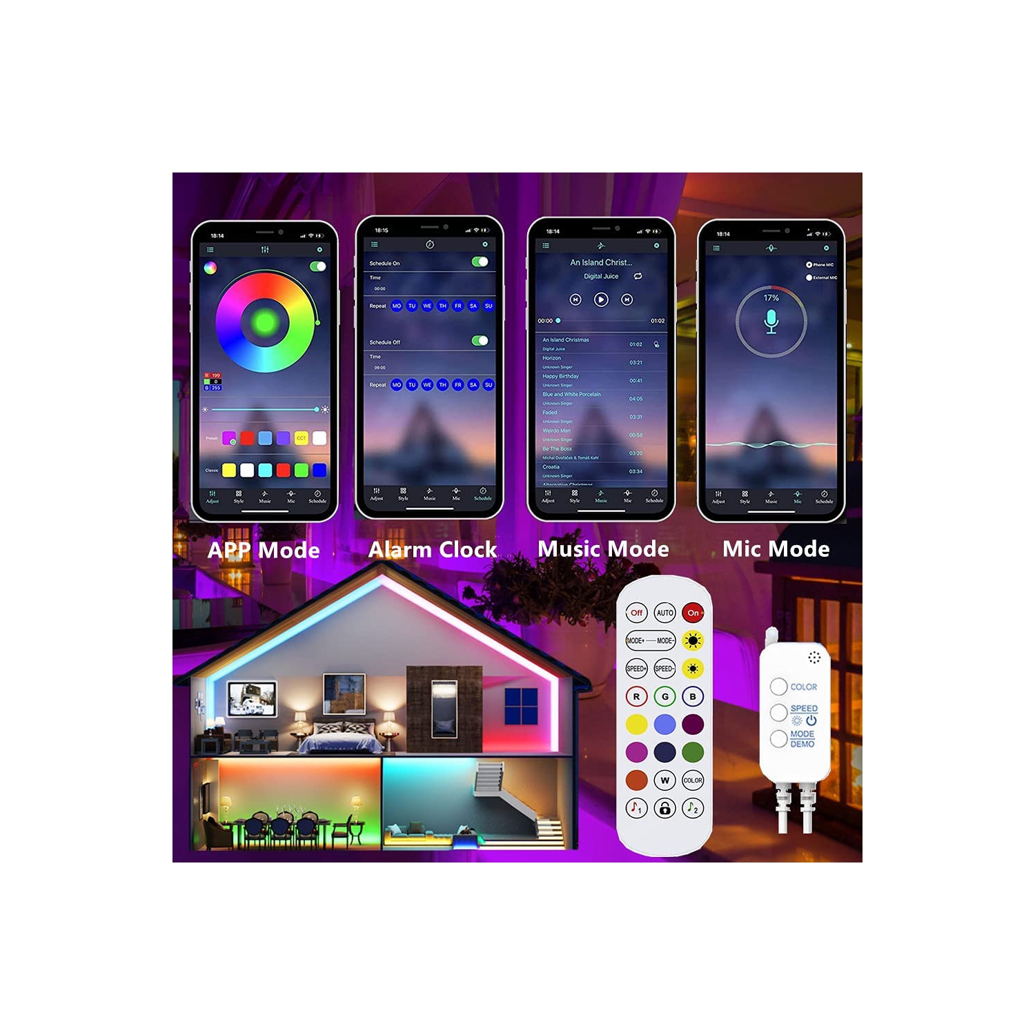 LED Strip Lights Kit Flexible Color Changing / RF Remote Wireless & mobile APP /Sync with Music /Waterproof Led Lights Strips 5050 RGB -16.4ft/5m