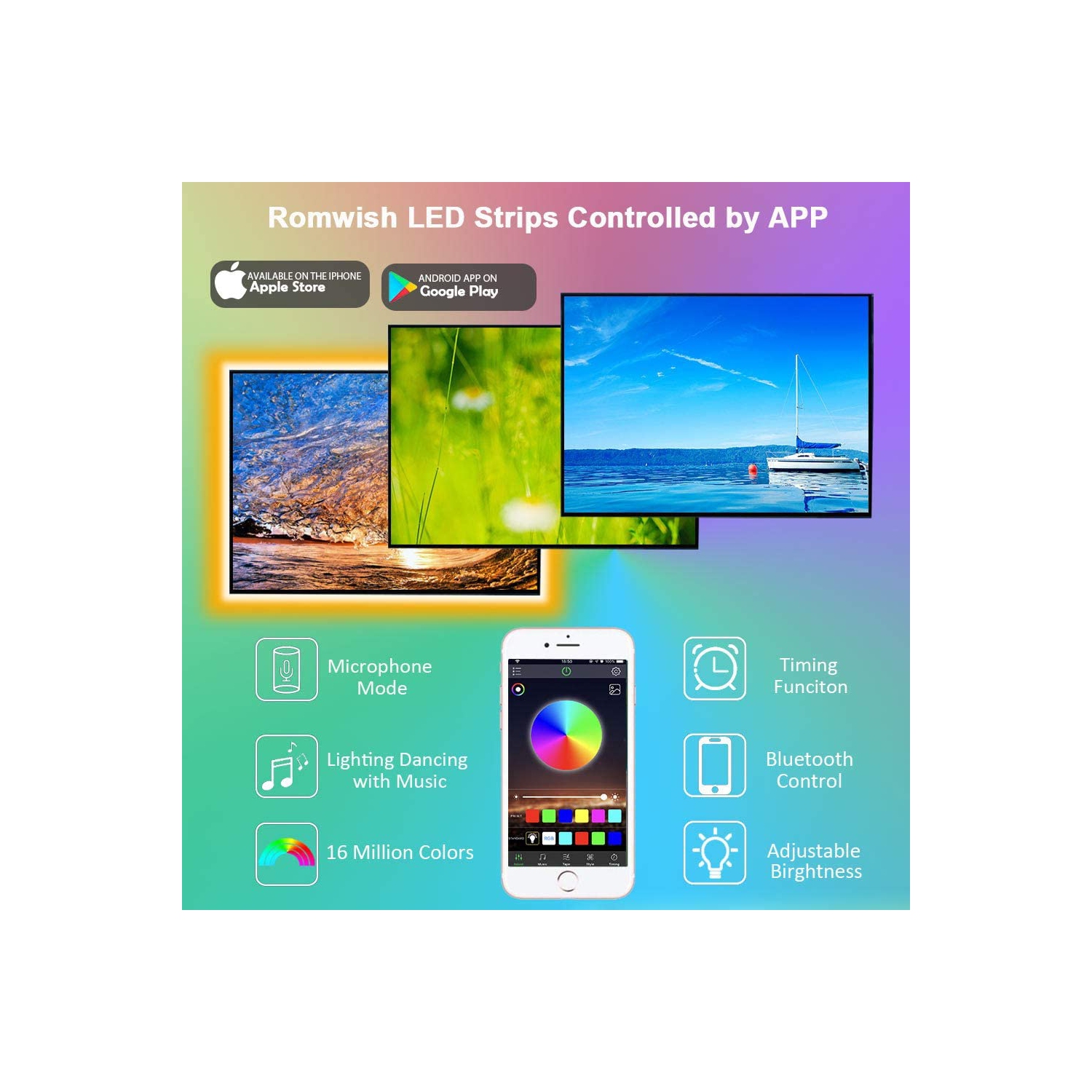 WINGOMART Smart LED Strip 2Meter 6.5FT USB Powered 16 Million Colors RGB led Light for Flat Screen TV LCD, Monitor, Under Cabinet, Bluetooth APP