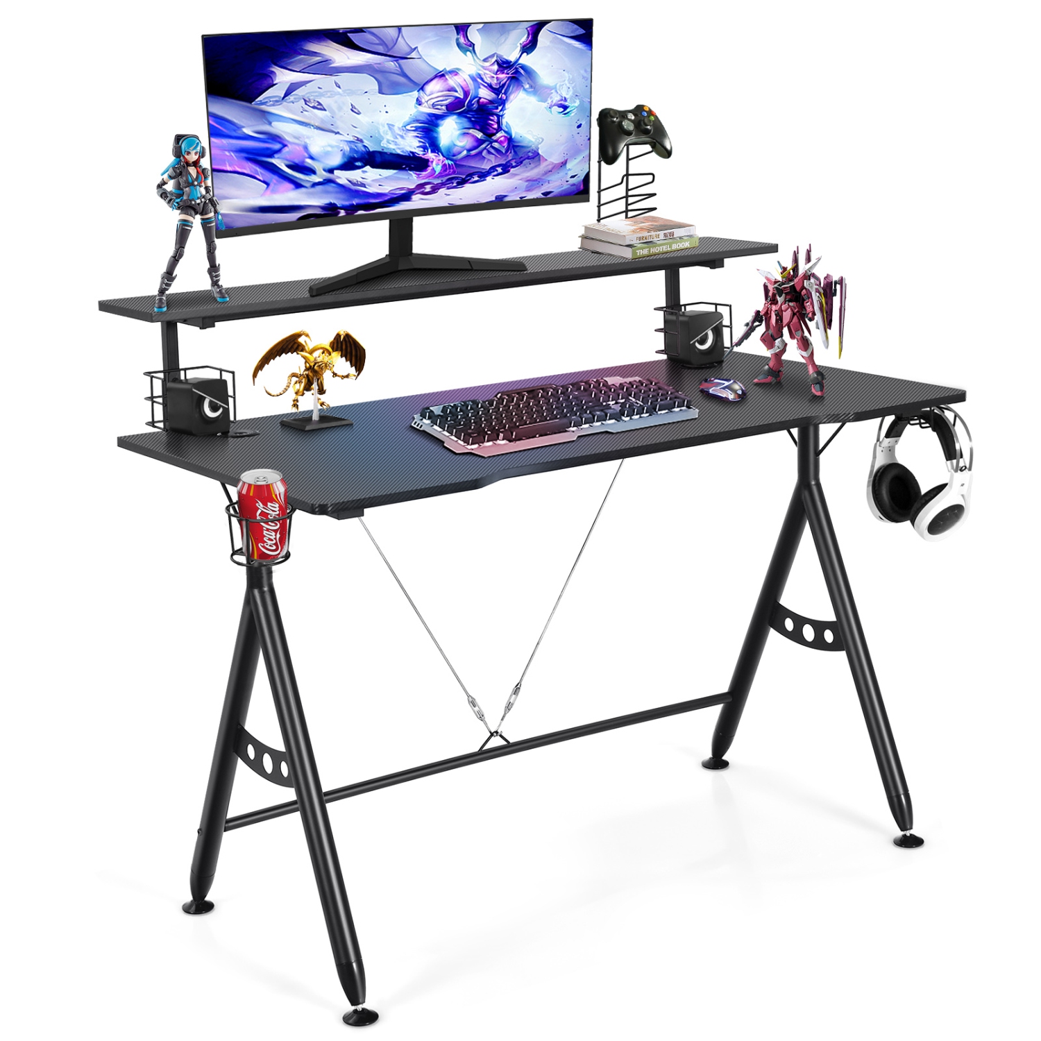 Topbuy Gaming Desk Dual Monitor Mount Ergonomic Y Shaped Computer Desk w/Cup Holder Headphone Hook