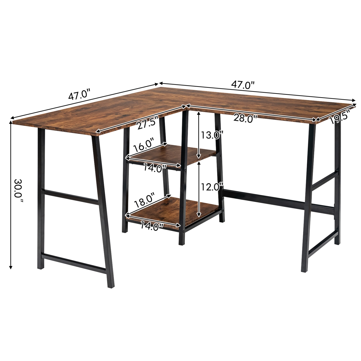 Topbuy L-Shaped Computer Desk Corner Gaming Desk Writing Studying Table PC Workstation for Home Office Brown