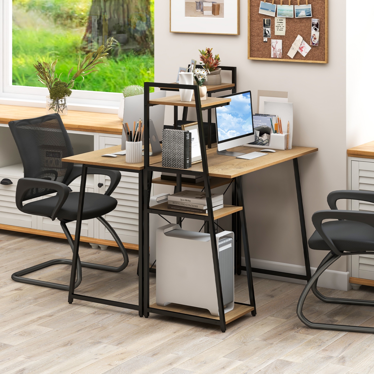 Bureau d'ordinateur TopBuy avec étagère de rangement à 3 tablettes, bureau à domicile, support pour unité centrale, naturel et noir