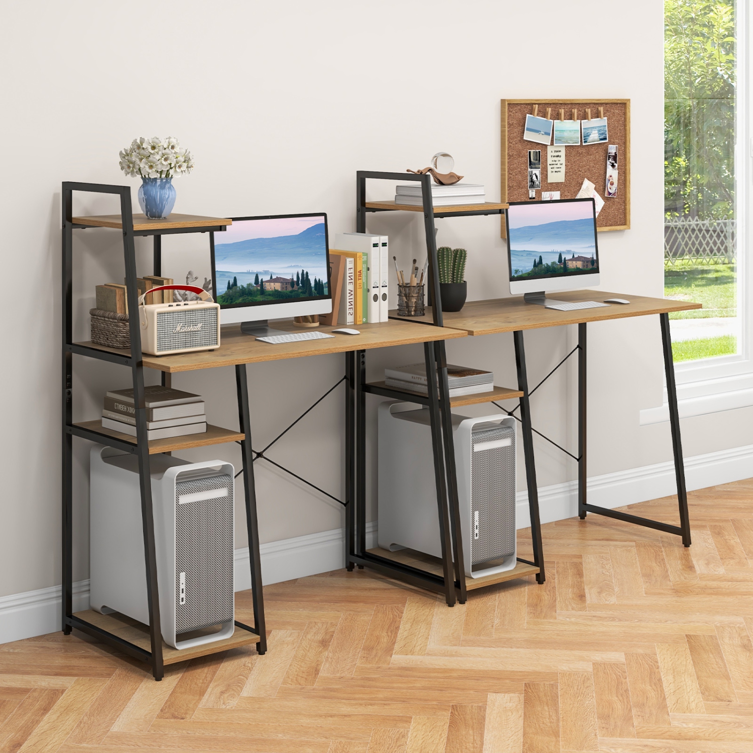 Bureau d'ordinateur TopBuy avec étagère de rangement à 3 tablettes, bureau à domicile, support pour unité centrale, naturel et noir