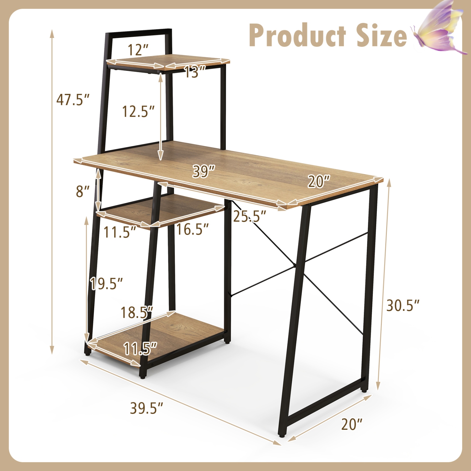 Bureau d'ordinateur TopBuy avec étagère de rangement à 3 tablettes, bureau à domicile, support pour unité centrale, naturel et noir