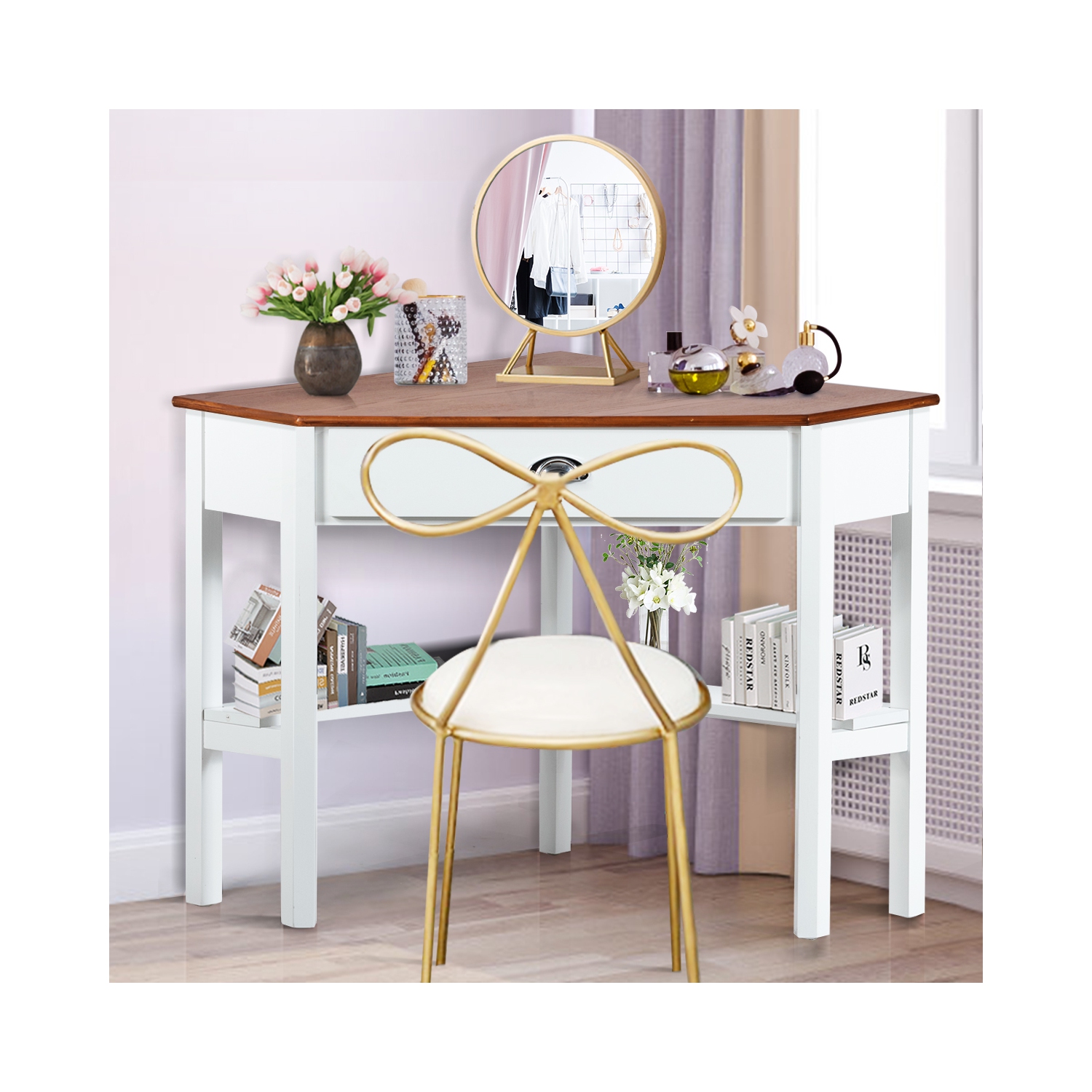 Topbuy Corner Computer Desk Table Wood Workstation Natural& White