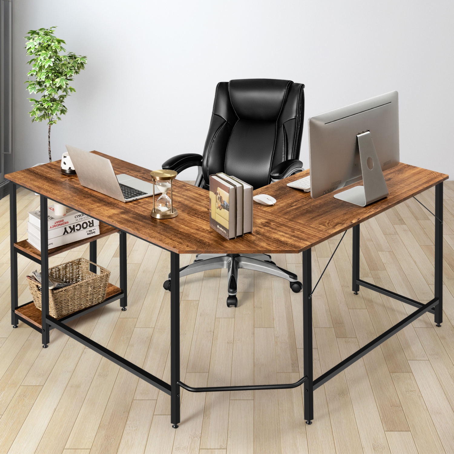 Topbuy L-Shaped Corner Computer Desk Home Office Writing Study Workstation w/Storage Shelves