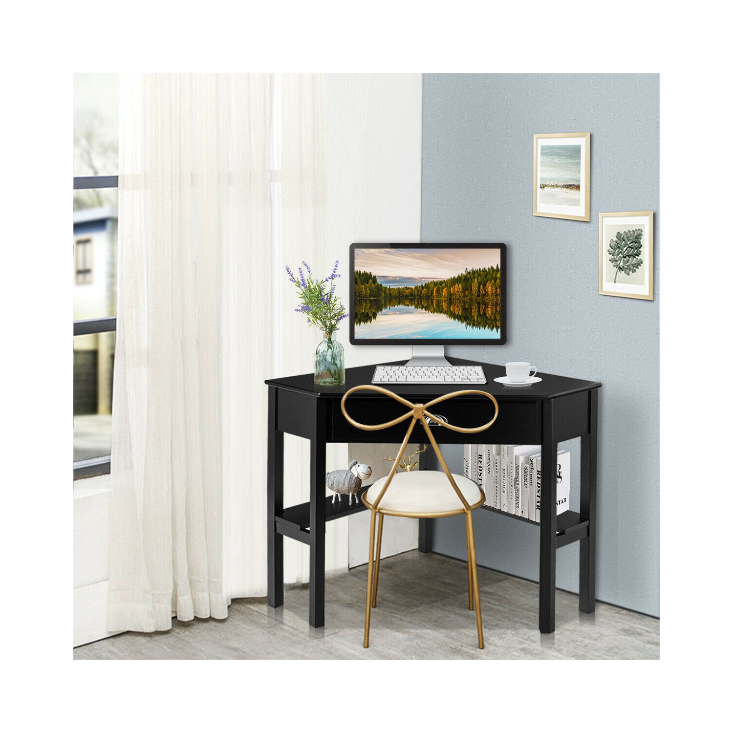 Bureau en coin pour ordinateur de bureau en bois de Topbuy - Blanc noir