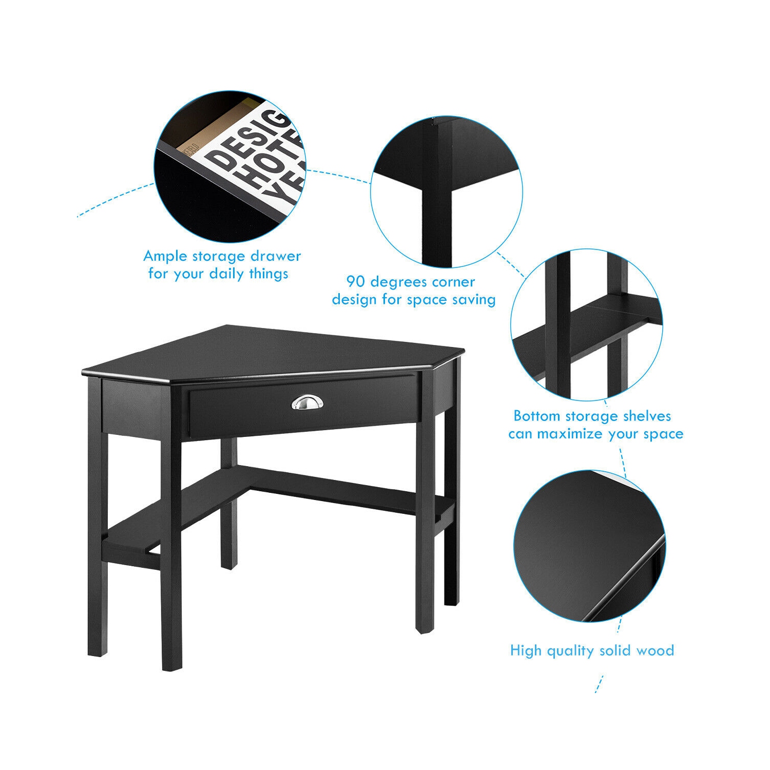 Bureau en coin pour ordinateur de bureau en bois de Topbuy - Blanc noir