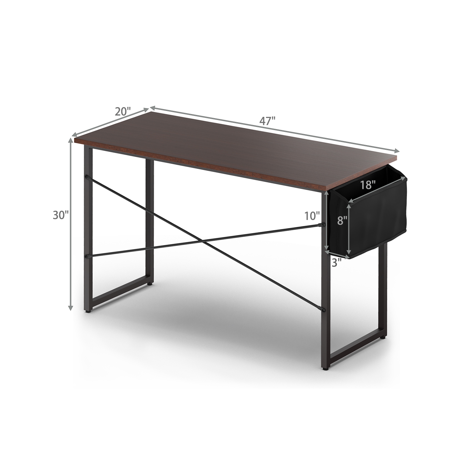 Topbuy 40"/47" Industrial Computer Desk Study Writing Table with Storage Bag Black/Coffee/Rustic Brown