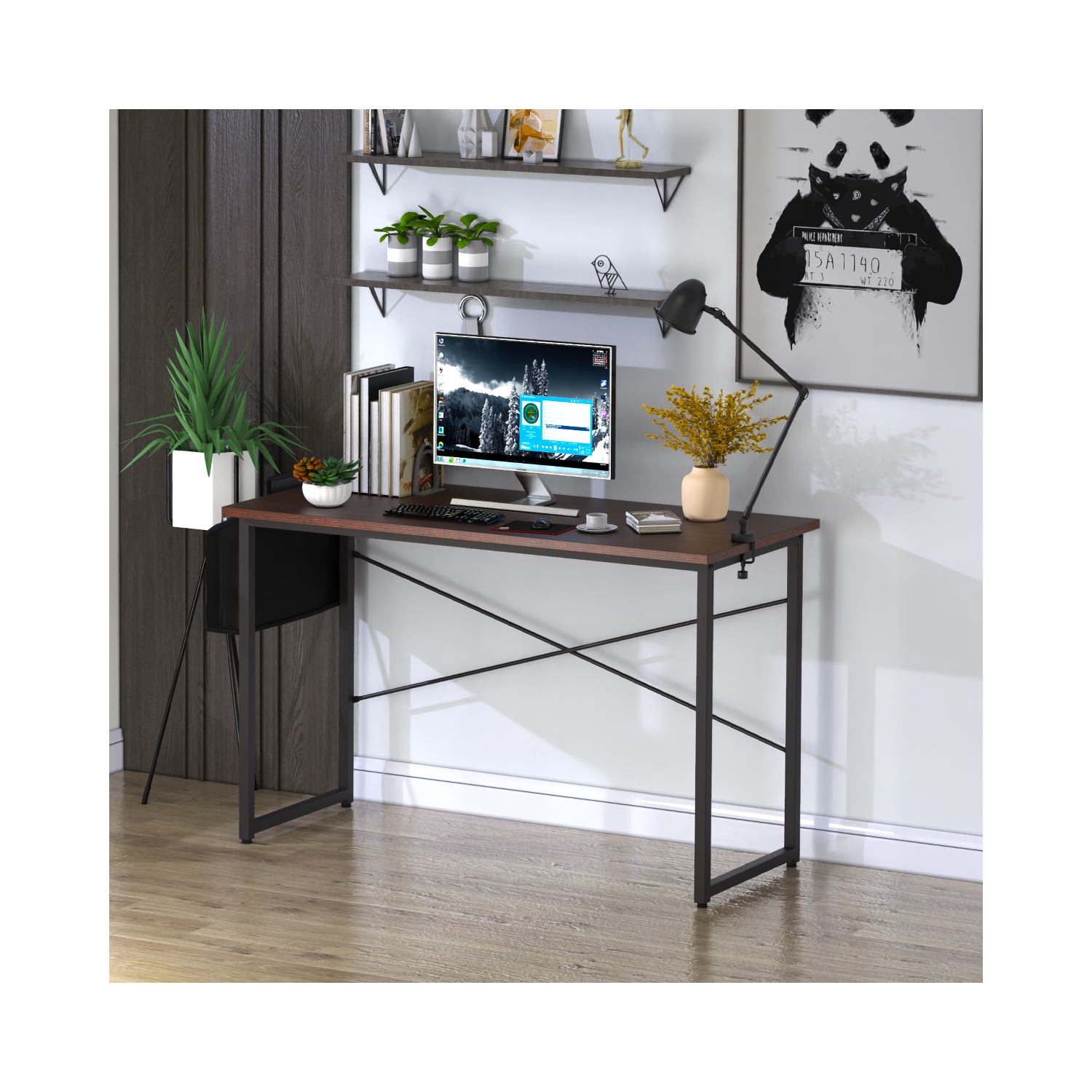 Topbuy 40"/47" Industrial Computer Desk Study Writing Table with Storage Bag Black/Coffee/Rustic Brown