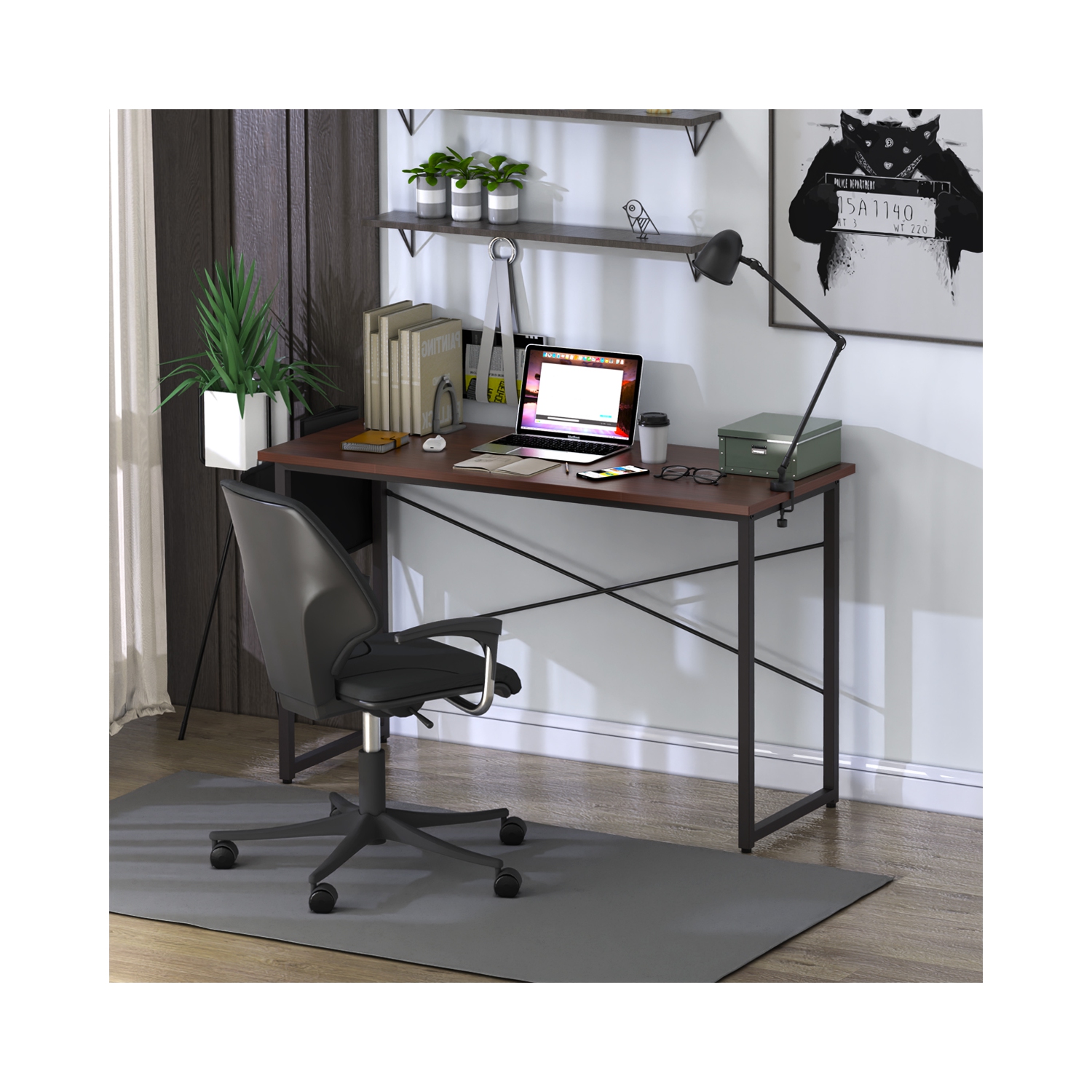 Topbuy 40"/47" Industrial Computer Desk Study Writing Table with Storage Bag Black/Coffee/Rustic Brown