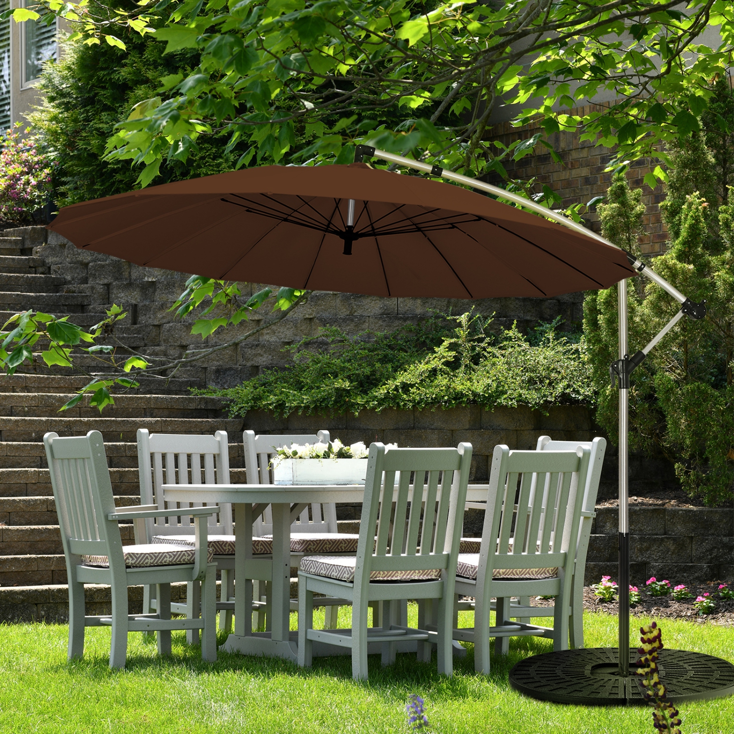 Patiojoy 10 FT Patio Offset Hanging Market Umbrella Cantilever Outdoor Umbrella w/Crank & Cross Base Tan
