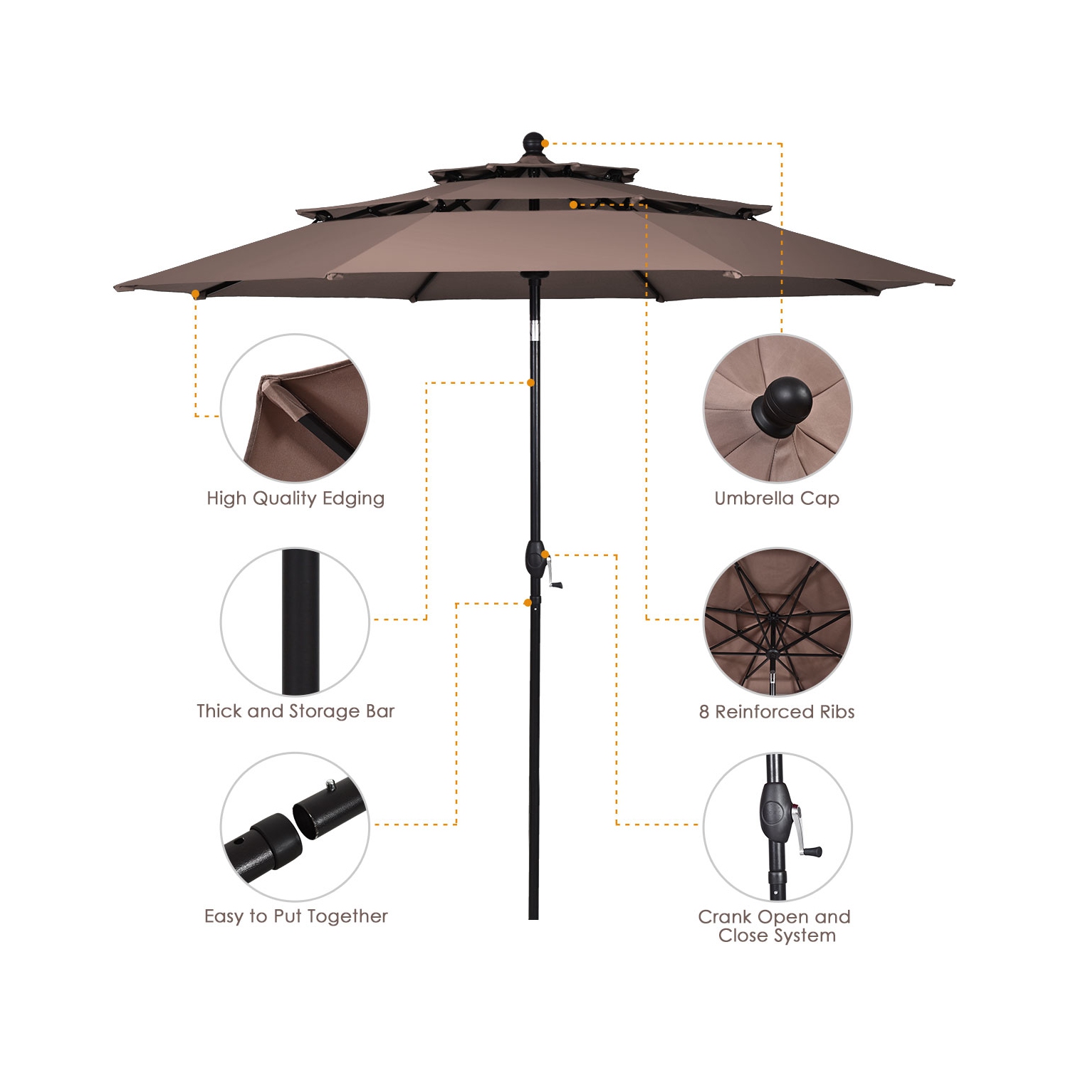 Parasol de patio à inclinaison automatique Topbuy avec double évent beige/bourgogne/Havane/Orange
