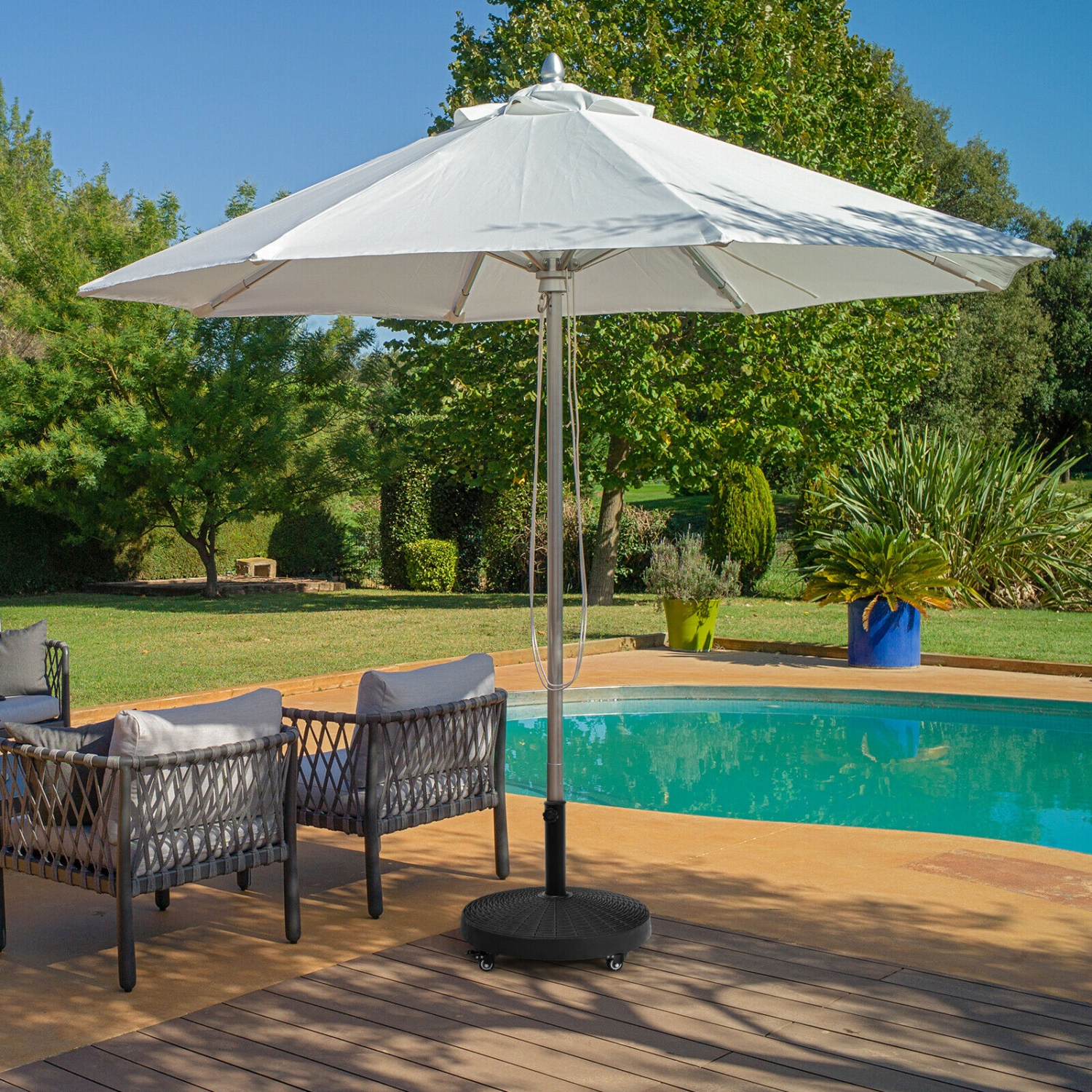 Topbuy 50lbs Round Resin Umbrella Base Rattan Designed Outdoor Umbrella Stand W/ Lockable Wheels