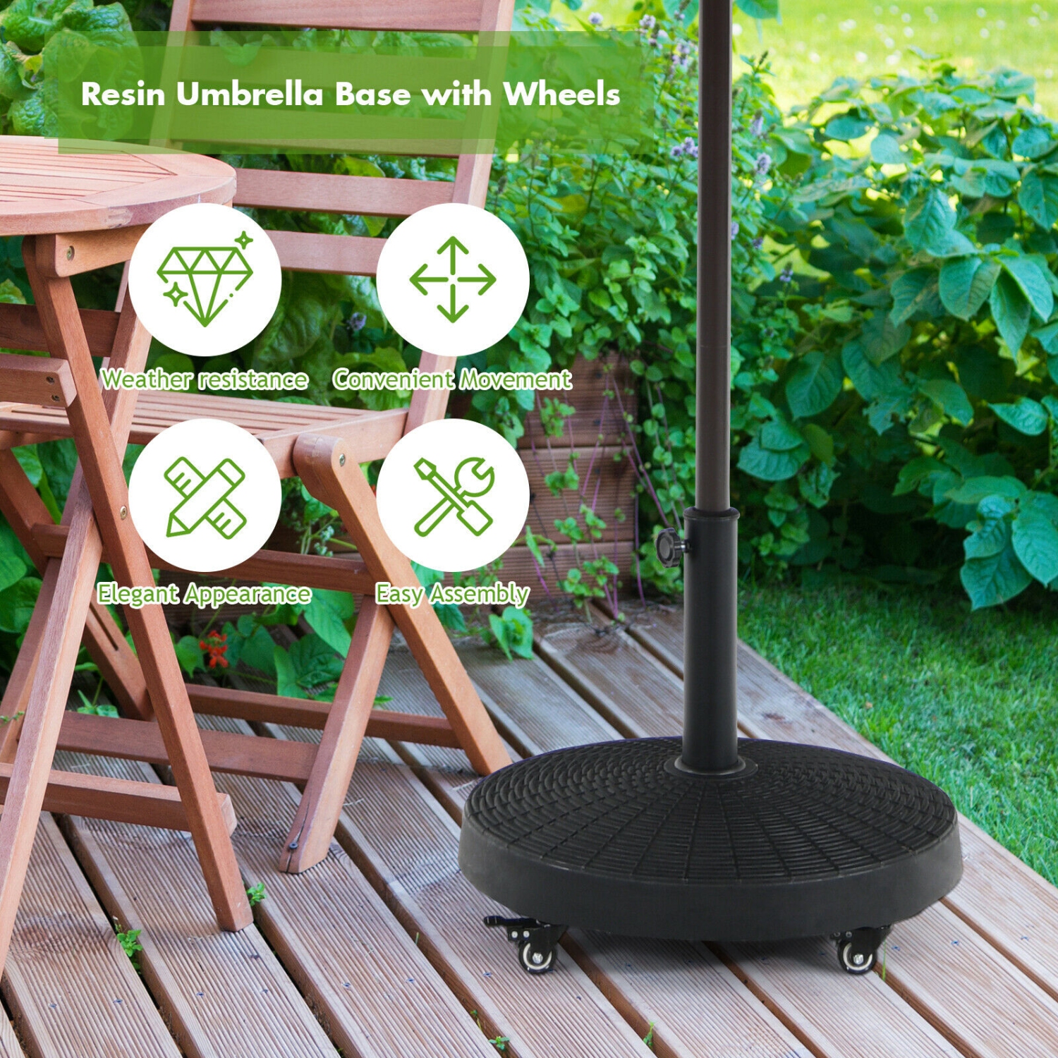 Topbuy 50lbs Round Resin Umbrella Base Rattan Designed Outdoor Umbrella Stand W/ Lockable Wheels