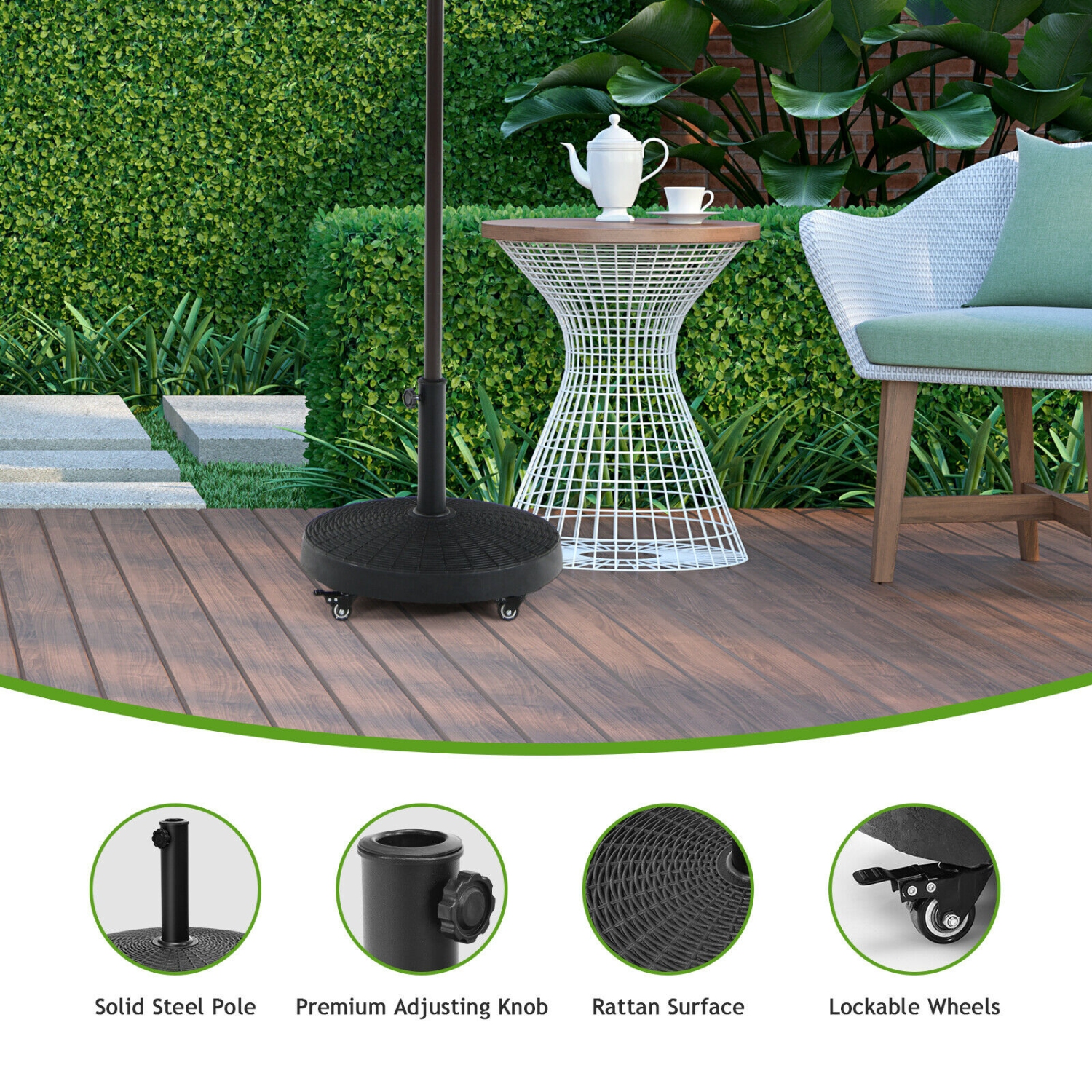 Topbuy 50lbs Round Resin Umbrella Base Rattan Designed Outdoor Umbrella Stand W/ Lockable Wheels