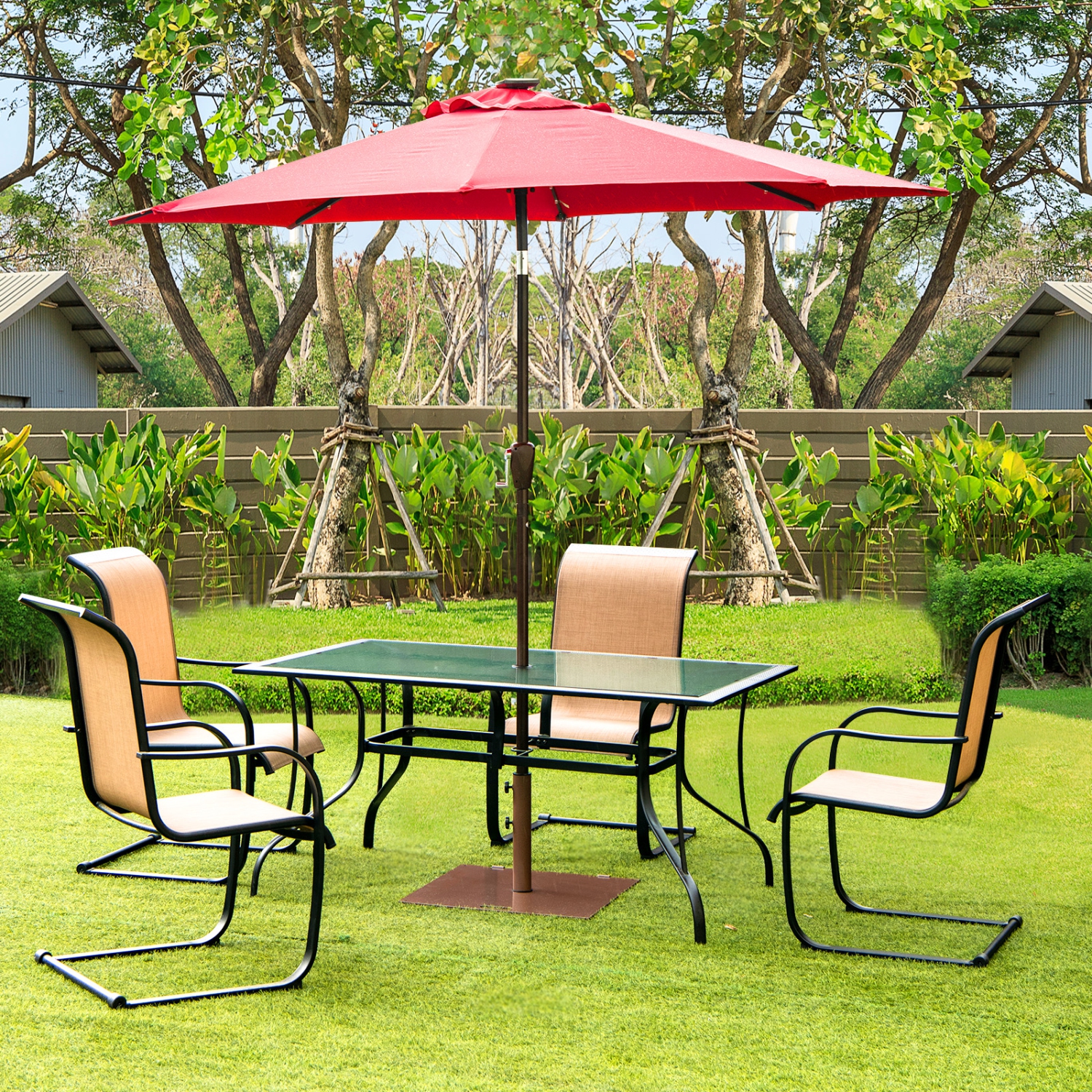 Patiojoy 50LBS Outdoor Market Umbrella Base Stand Square Umbrella Holder w/Handle & Wheels Brown