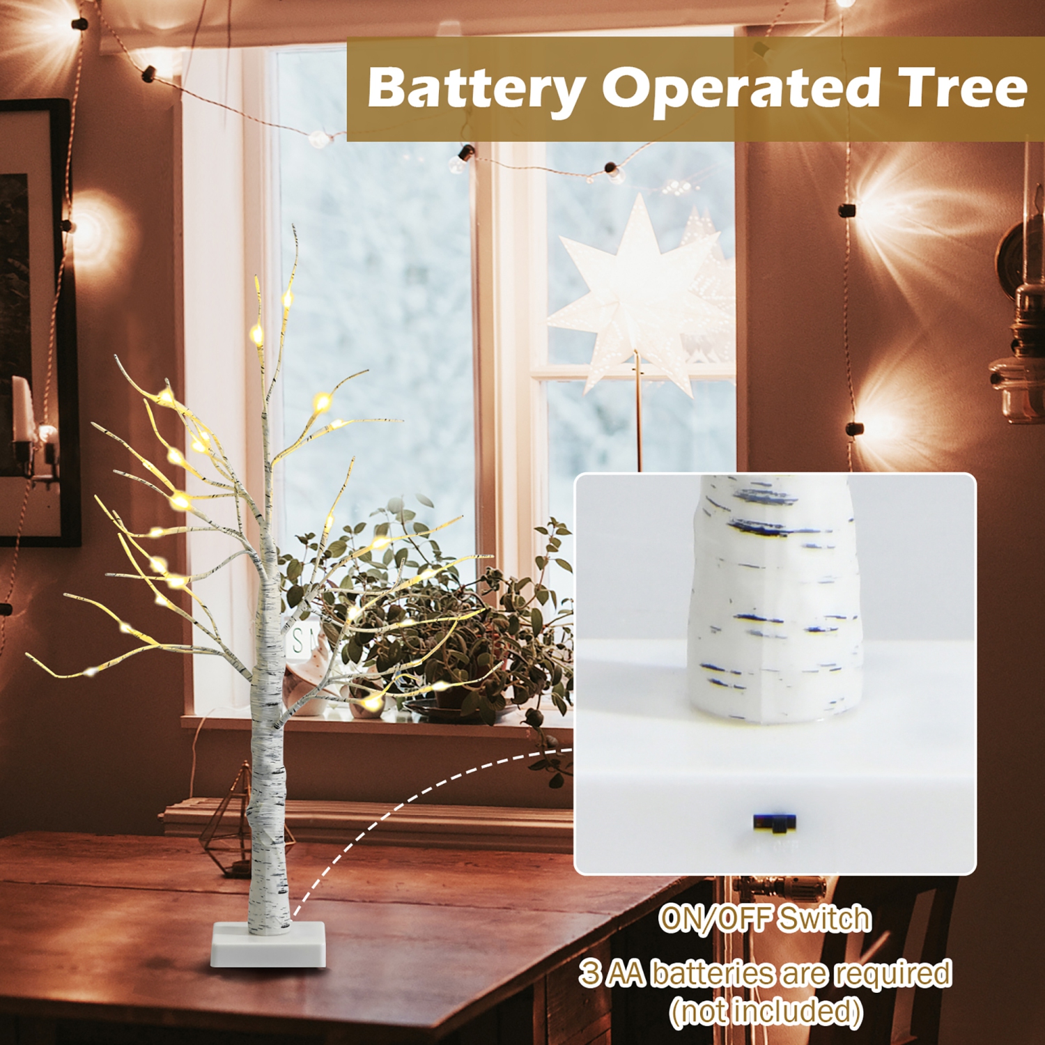Costway 2ft Pre-lit White Twig Birch Tree Battery Powered for Christmas Holiday