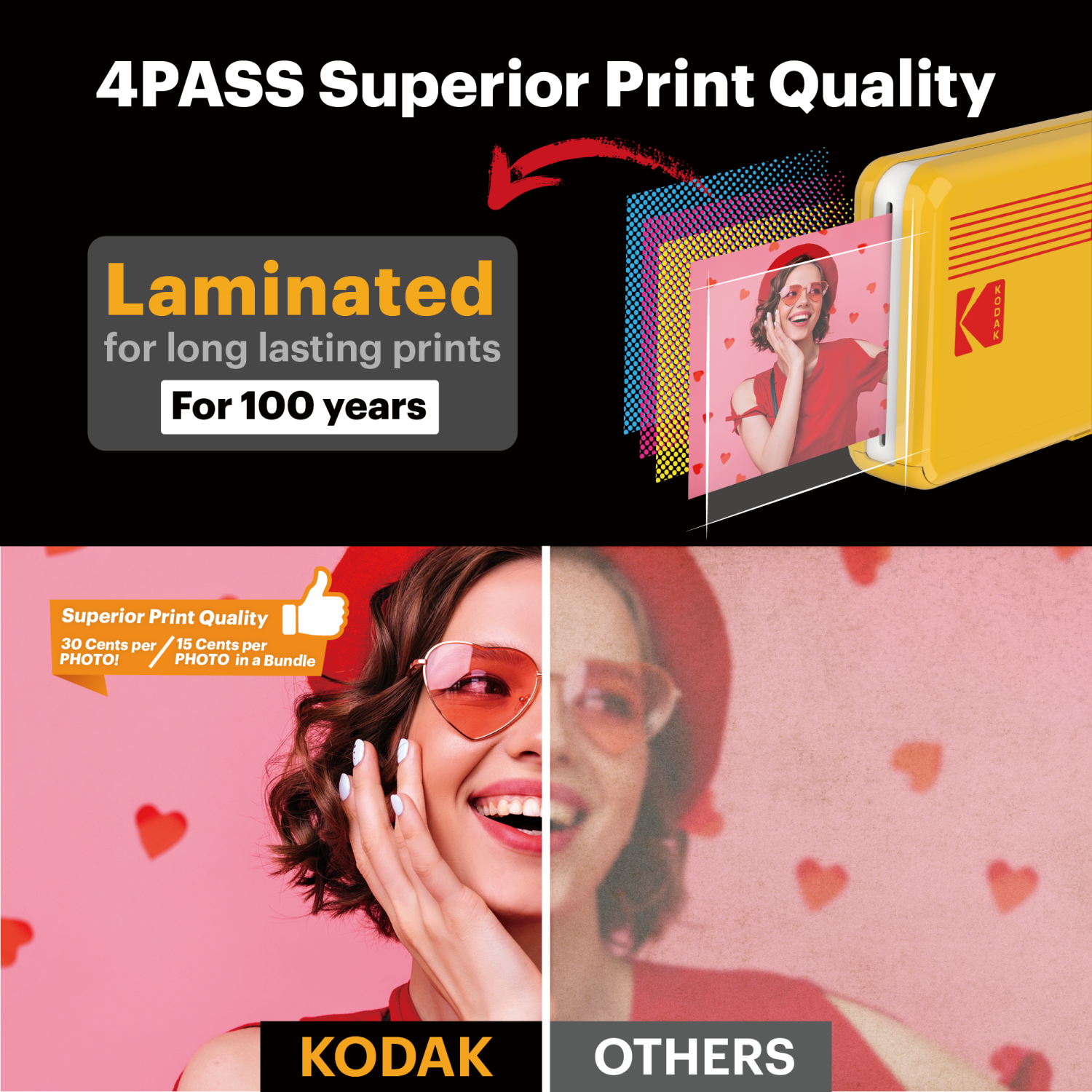 KODAK Mini 2 Retro 4PASS Portable Photo Printer + 68 Sheets Bundle, Yellow