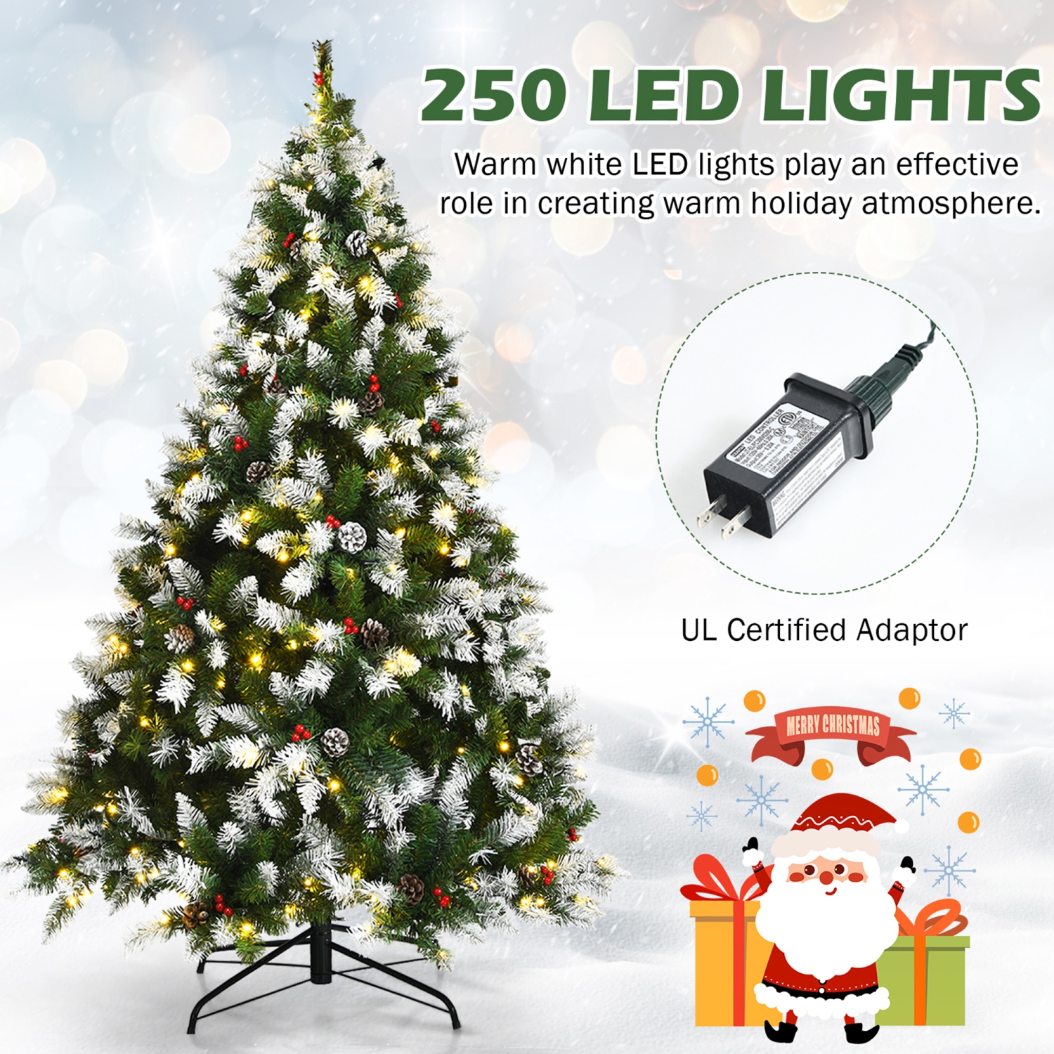 Gymax 6 FT Pre-lit Snow Sprayed Christmas Tree Artificial Xmas Tree w/ 8 Lighting Modes