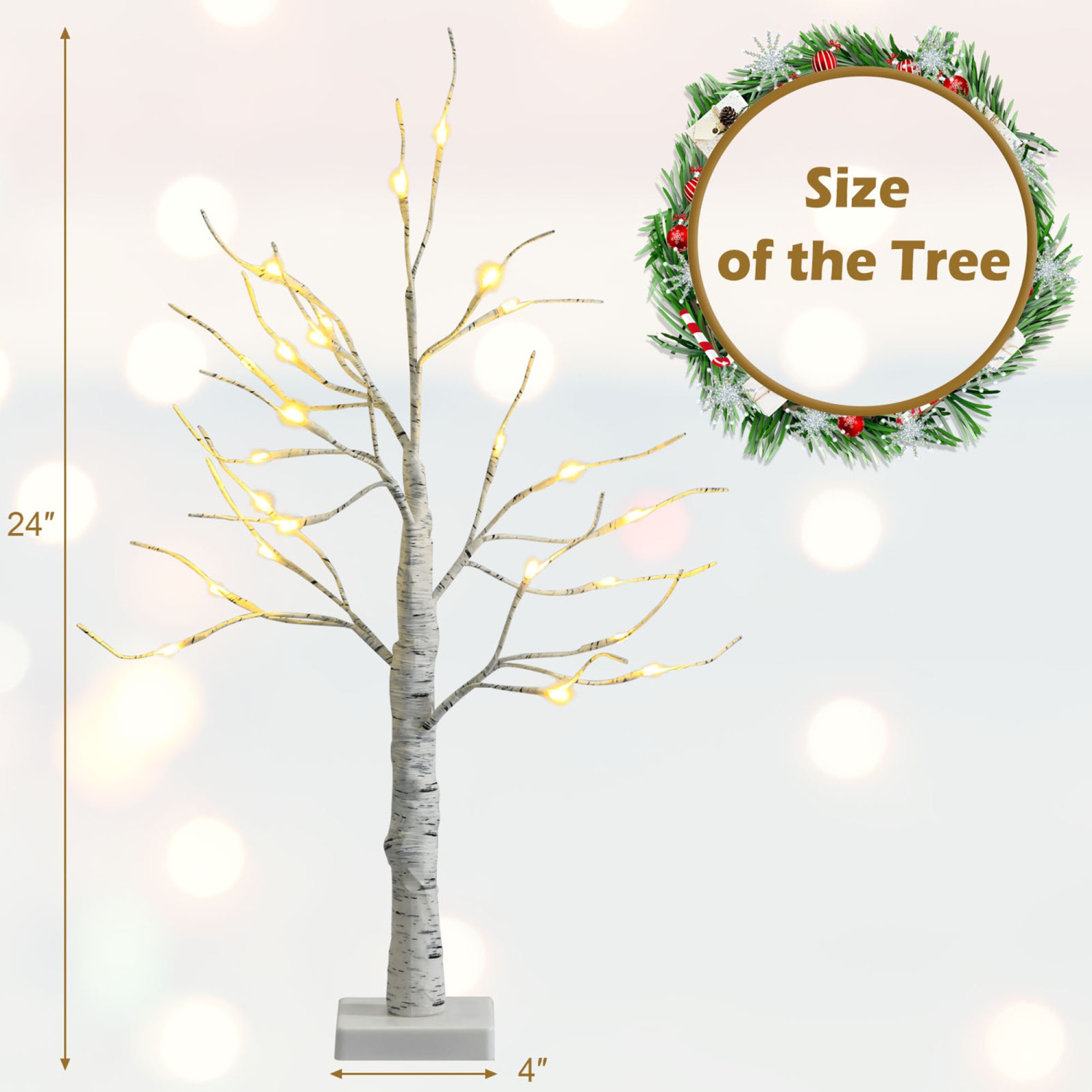 Gymax 2PCS 2 FT Pre-lit White Birch Tree Artificial Twig Birch Tree Christmas Decoration