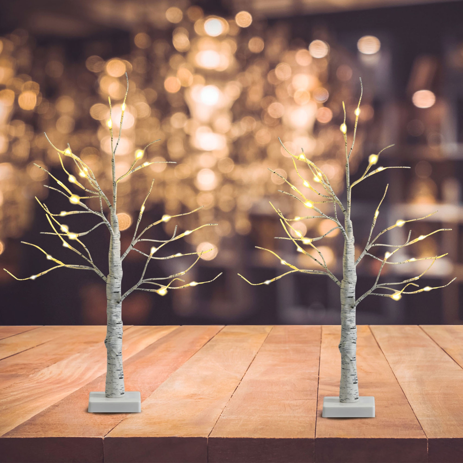 Gymax 2PCS 2 FT Pre-lit White Birch Tree Artificial Twig Birch Tree Christmas Decoration