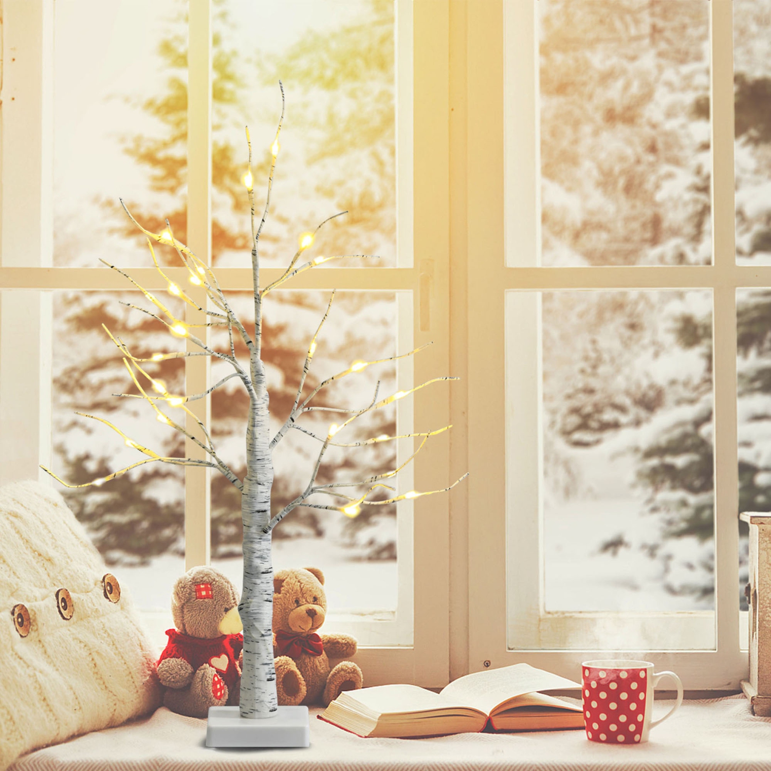 Gymax 2PCS 2 FT Pre-lit White Birch Tree Artificial Twig Birch Tree Christmas Decoration