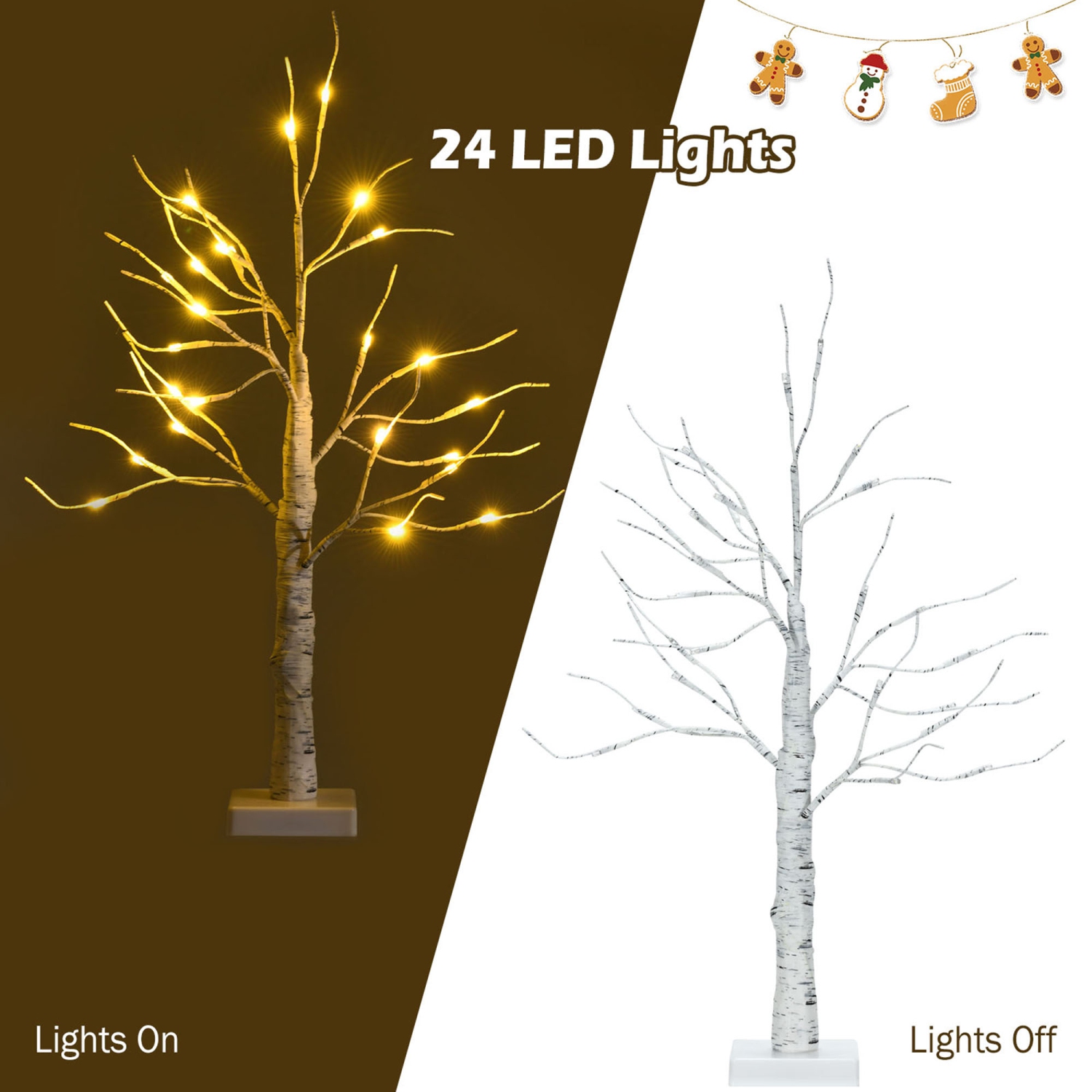 Gymax 2PCS 2 FT Pre-lit White Birch Tree Artificial Twig Birch Tree Christmas Decoration