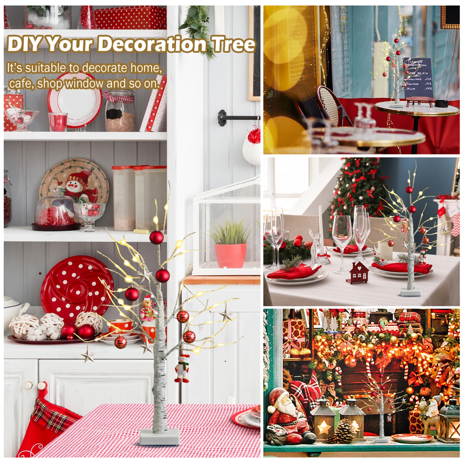 Gymax 2PCS 2 FT Pre-lit White Birch Tree Artificial Twig Birch Tree Christmas Decoration