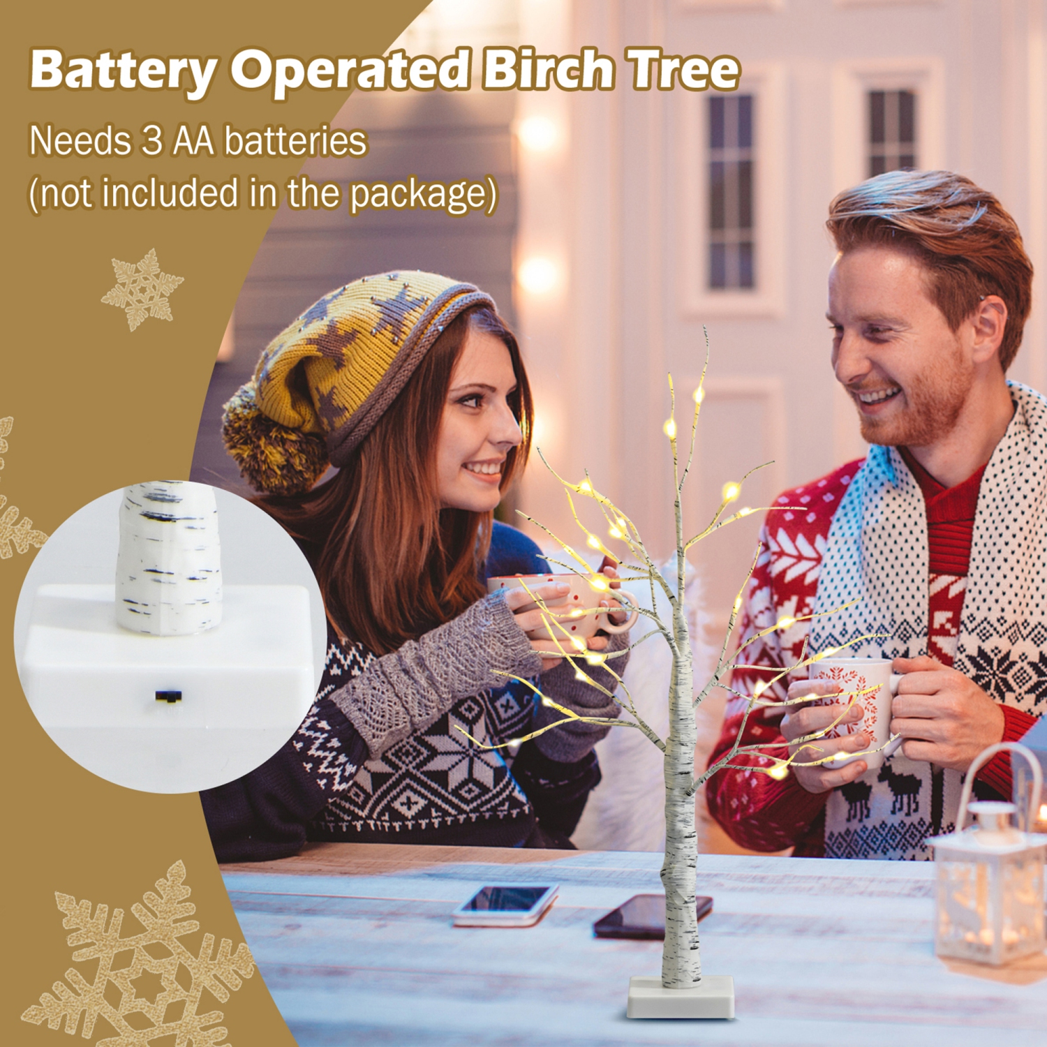 Gymax 2PCS 2 FT Pre-lit White Birch Tree Artificial Twig Birch Tree Christmas Decoration