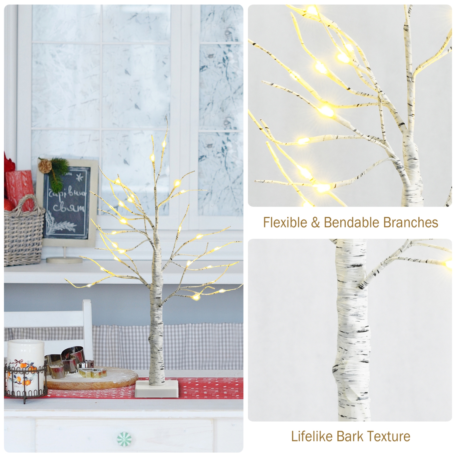 Gymax 2PCS 2 FT Pre-lit White Birch Tree Artificial Twig Birch Tree Christmas Decoration