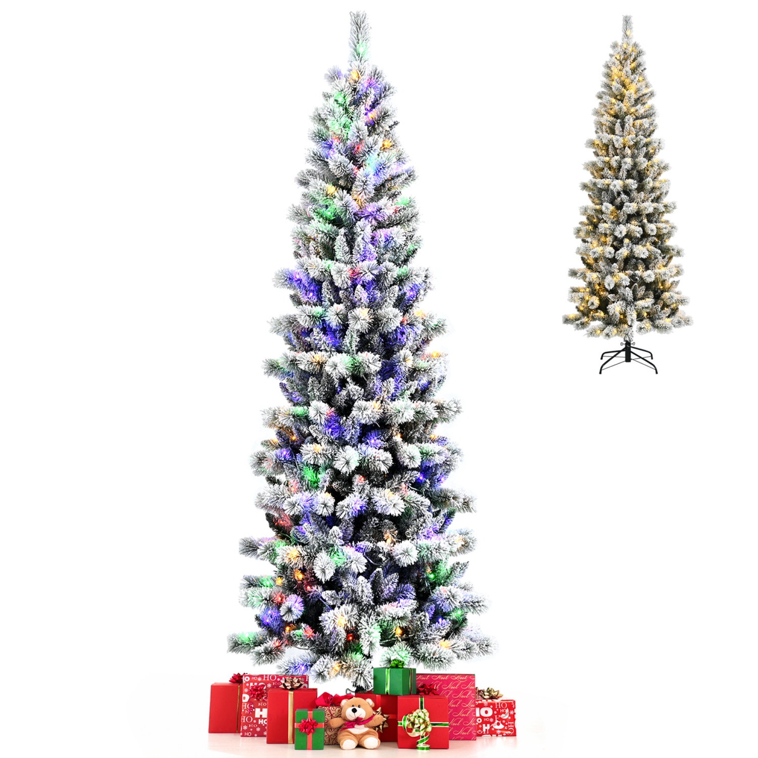 Gymax 8 ft Pre-lit Snow Flocked Artificial Christmas Tree w/ Multi-Color LED Lights