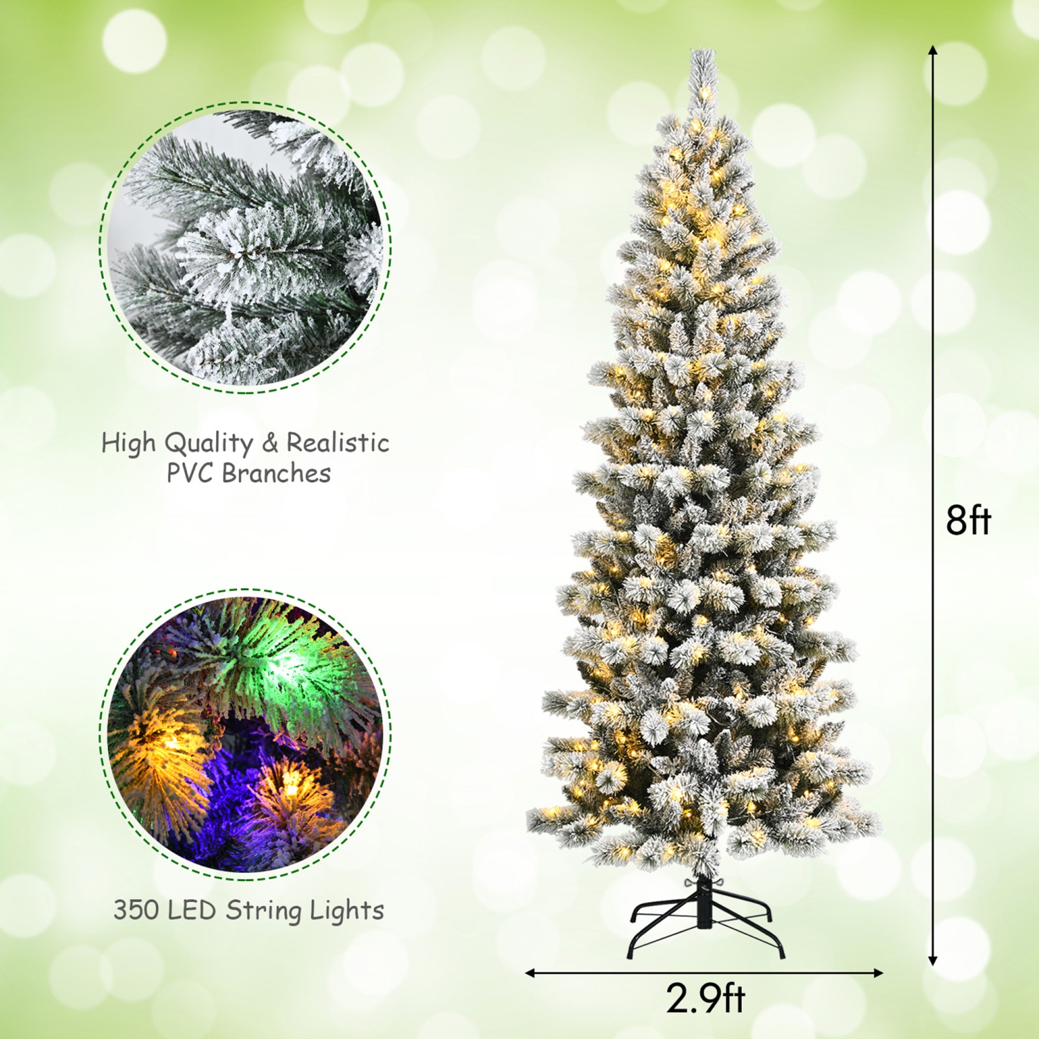 Gymax 8 ft Pre-lit Snow Flocked Artificial Christmas Tree w/ Multi-Color LED Lights