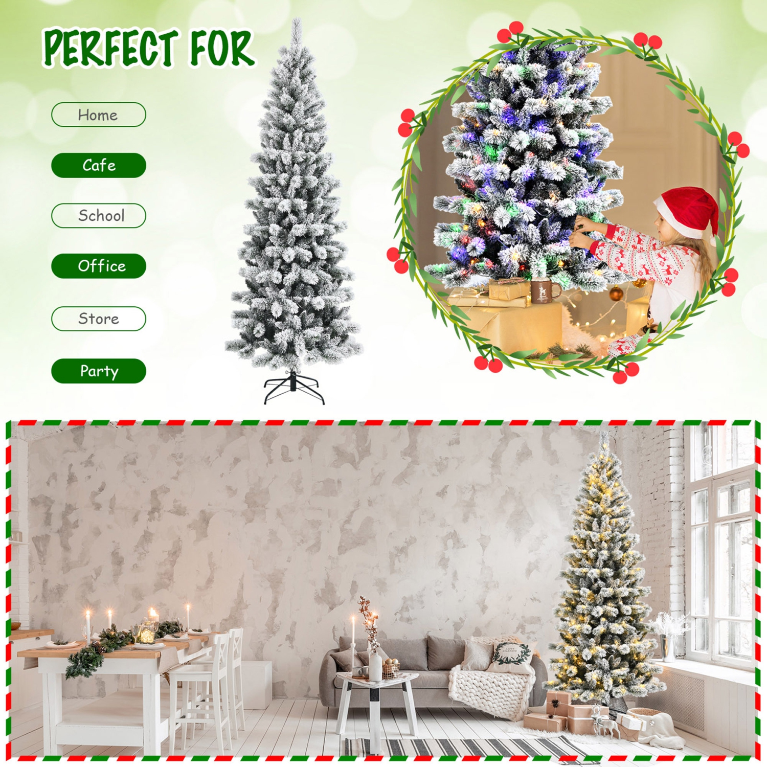 Gymax 8 ft Pre-lit Snow Flocked Artificial Christmas Tree w/ Multi-Color LED Lights