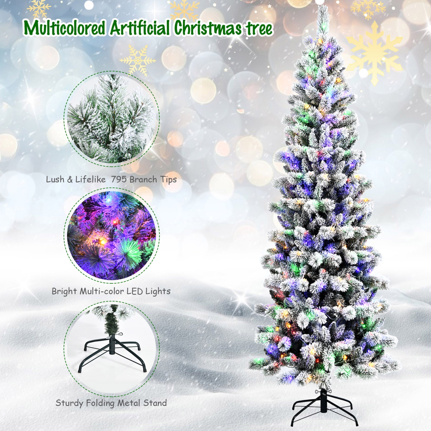 Gymax 8 ft Pre-lit Snow Flocked Artificial Christmas Tree w/ Multi-Color LED Lights
