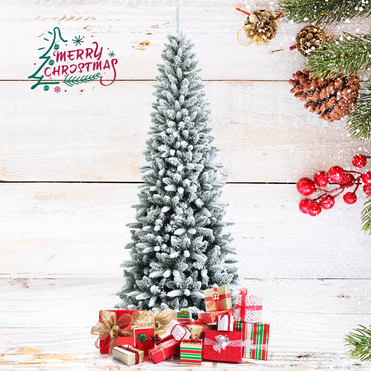 Gymax 7.5 FT Artificial Slim Christmas Tree Unlit Snow-Flocked Xmas Pencil Tree