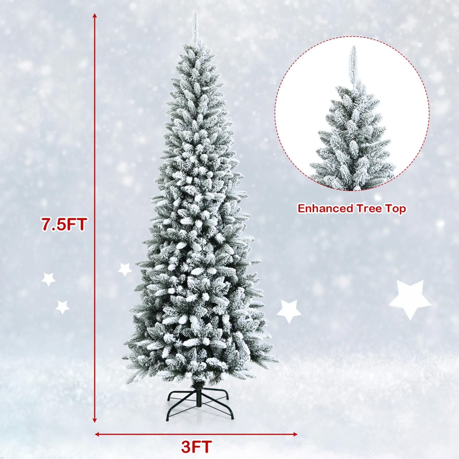 Gymax 7.5 FT Artificial Slim Christmas Tree Unlit Snow-Flocked Xmas Pencil Tree