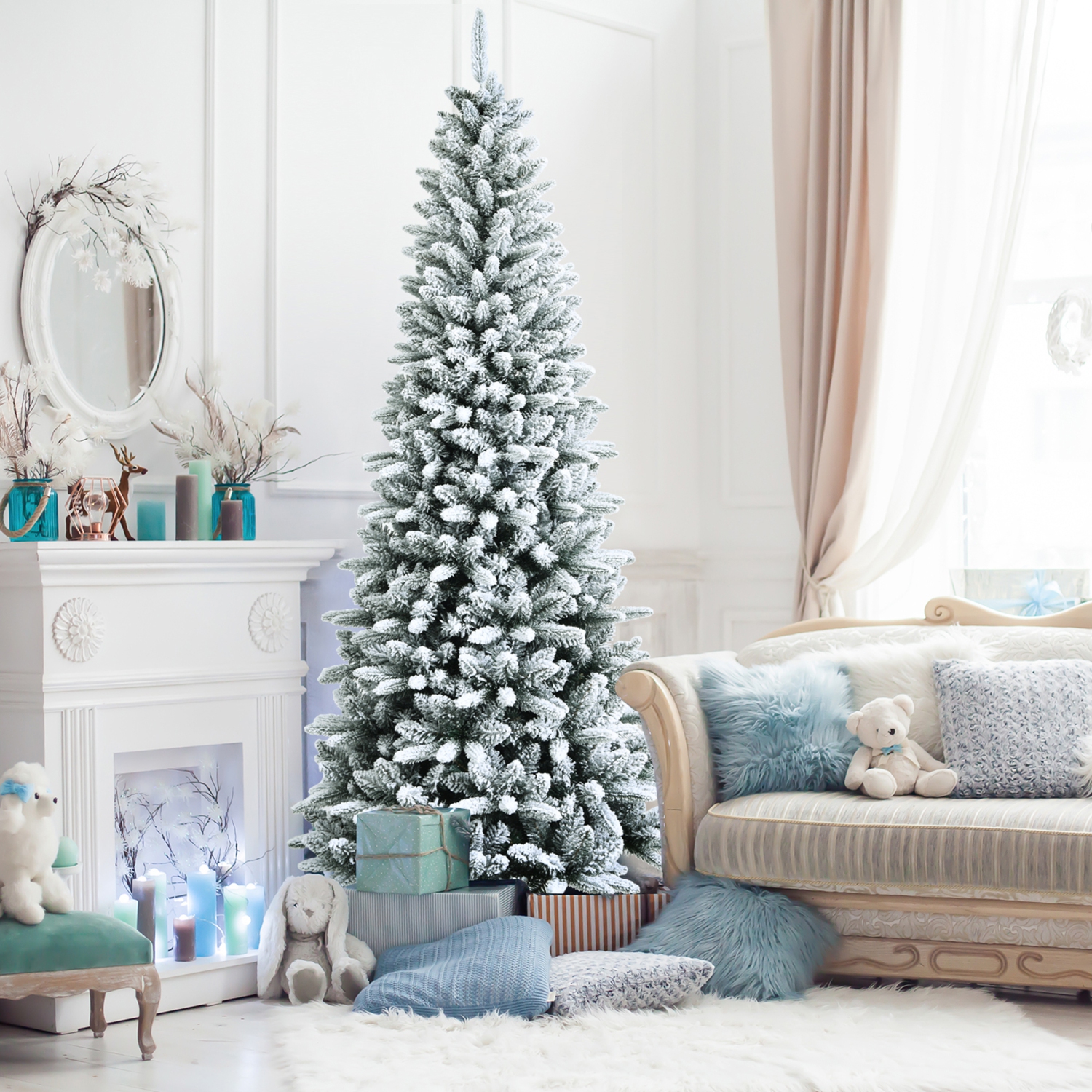 Gymax 7.5 FT Artificial Slim Christmas Tree Unlit Snow-Flocked Xmas Pencil Tree